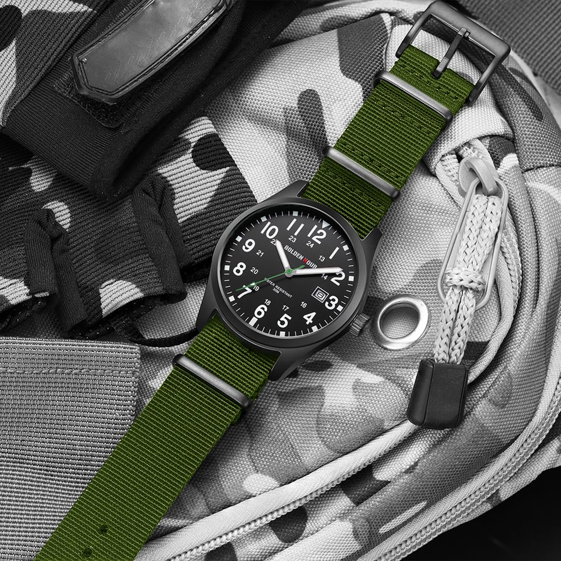 GOLDEN HOUR Men's Nylon Slip-Thru Strap Watch with Military Time Easy Read Dial Glowing Hands