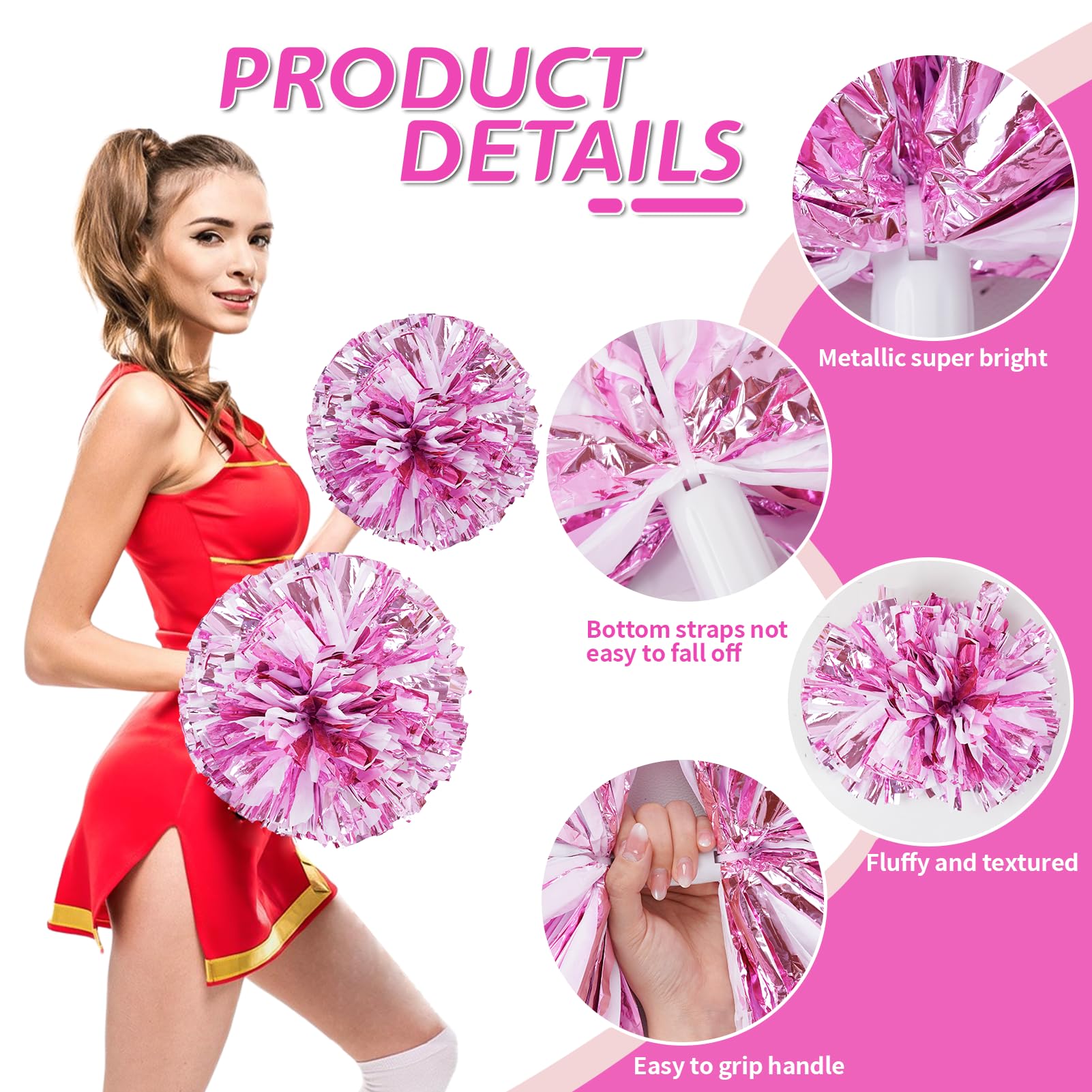 4Pcs Metallic Cheerleading Pom Poms, Creatiee 2 Pair Cheerleader Cheering Squad Pompoms for School Sports Dance Games Team Spirit Cheer