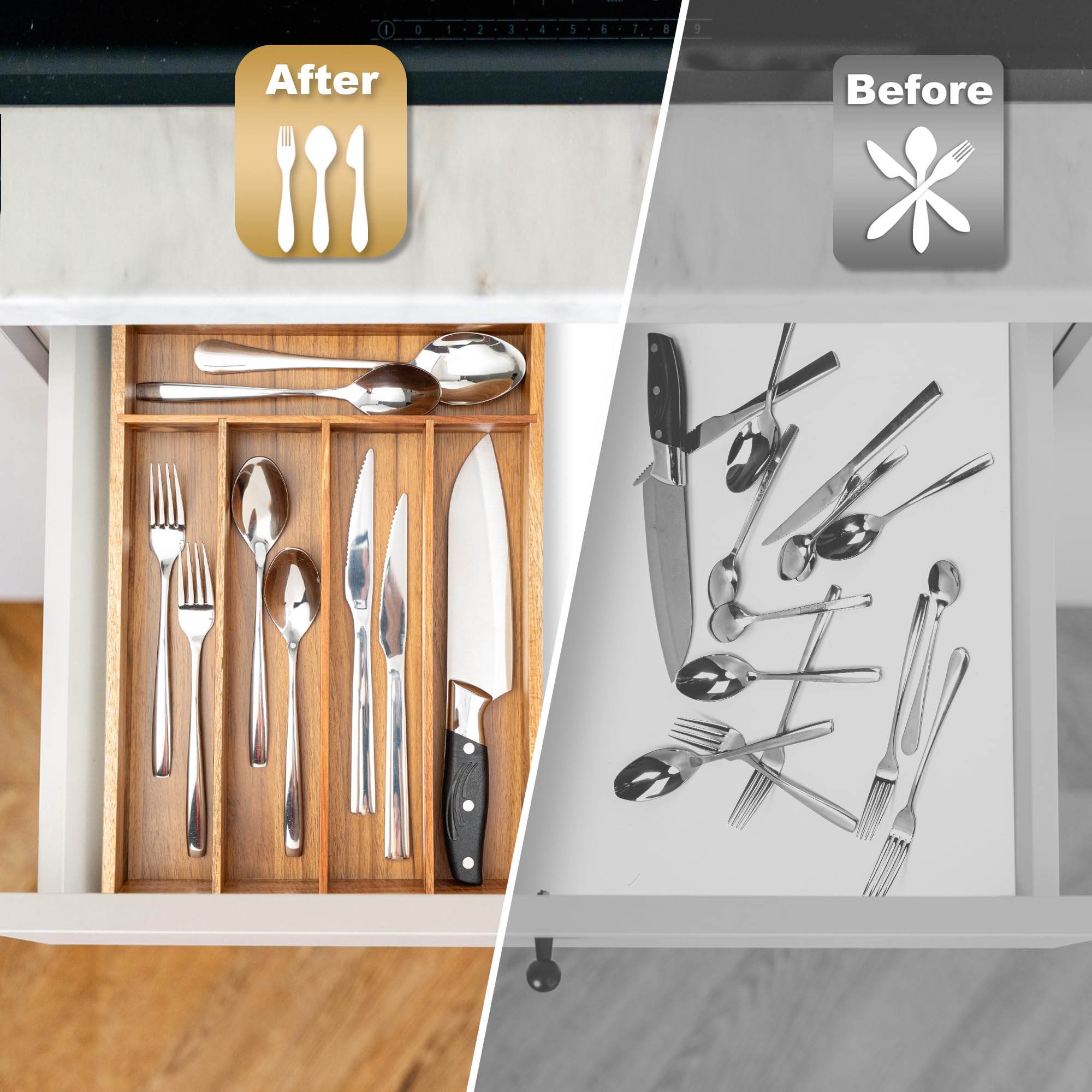 Acacia 4 Slot Silverware Drawer Organizer - Cutlery Holder with Flatware Tray