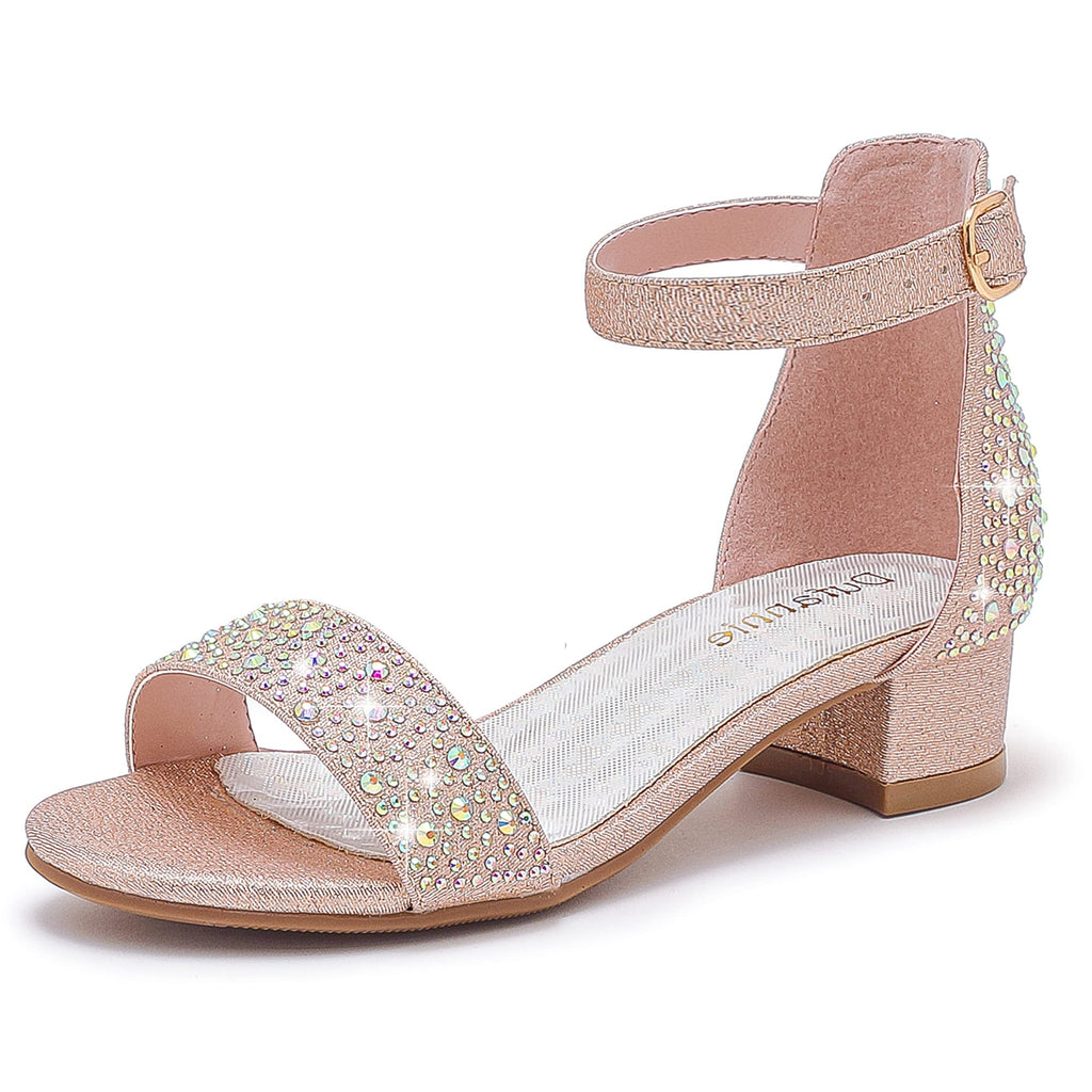 Dufannie Girls Sandals Low Heels Dress Pump Ankle Strap Open Toe Flower Girl Wedding Party for Toddler Little Big Kid