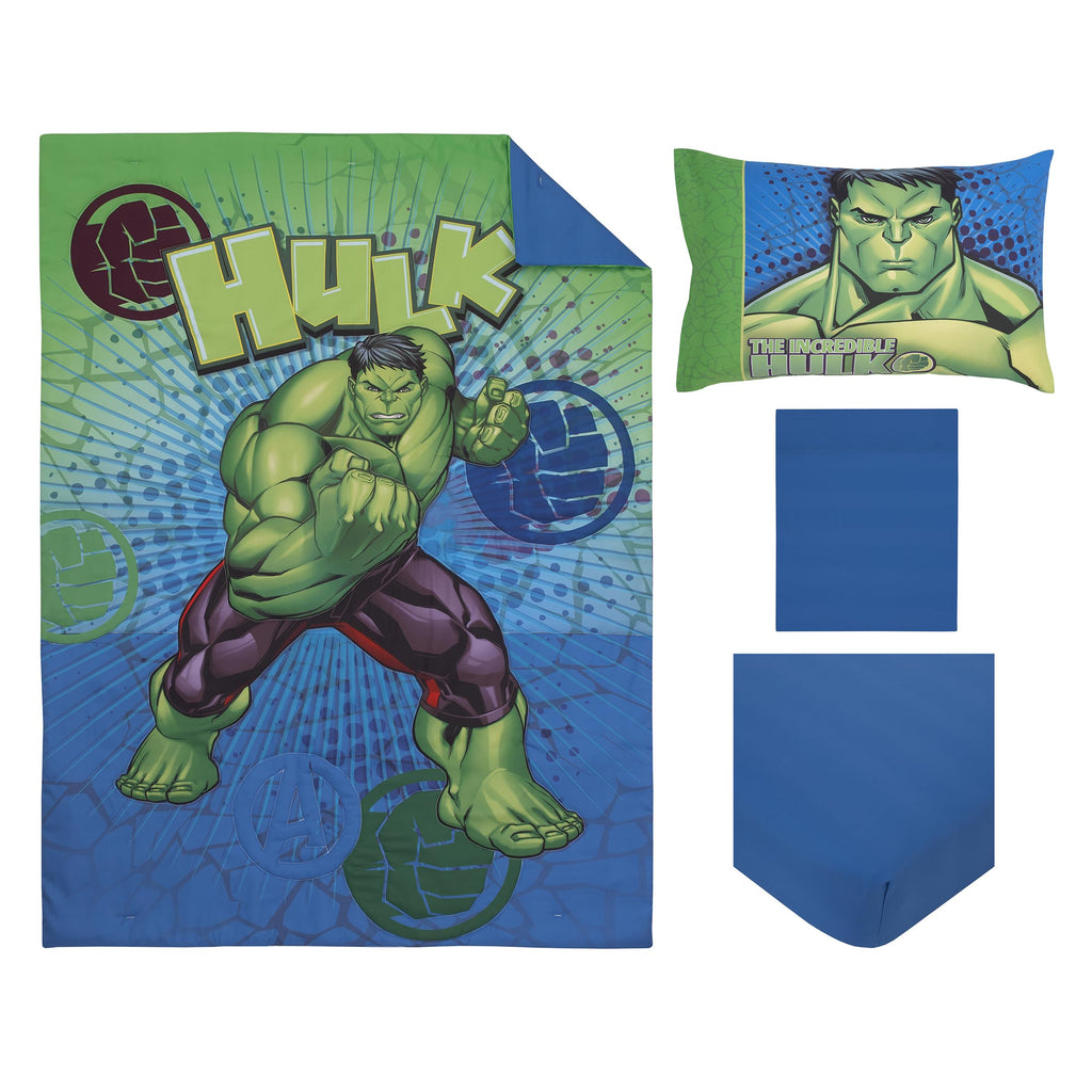 NoJo Marvel The Avengers I Am A Hero Blue, Green, Red, and Yellow 4 Piece Toddler Bed Set - Comforter, Fitted Bottom Sheet, Flat Top Sheet, and Reversible Pillowcase