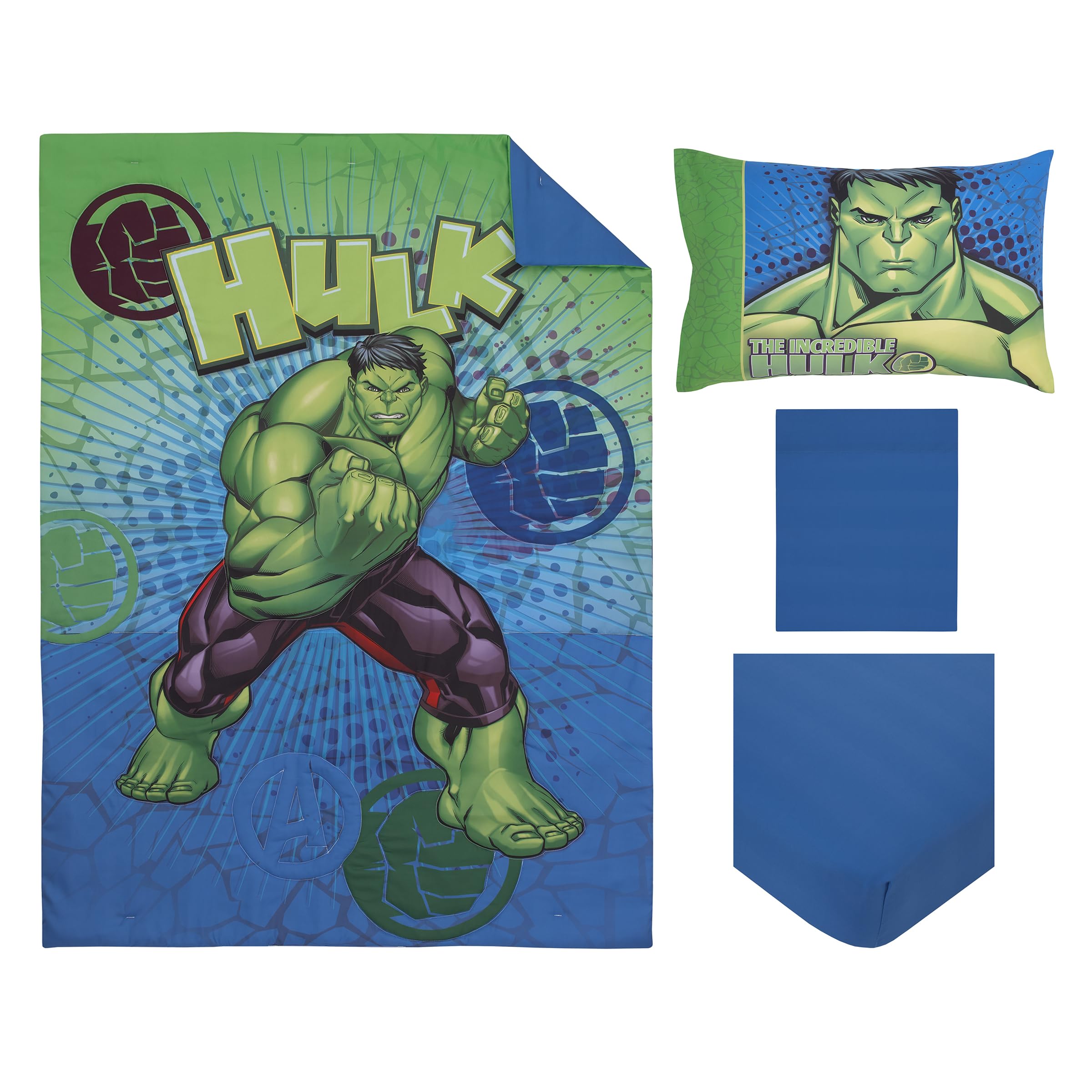 NoJo Marvel The Avengers I Am A Hero Blue, Green, Red, and Yellow 4 Piece Toddler Bed Set - Comforter, Fitted Bottom Sheet, Flat Top Sheet, and Reversible Pillowcase