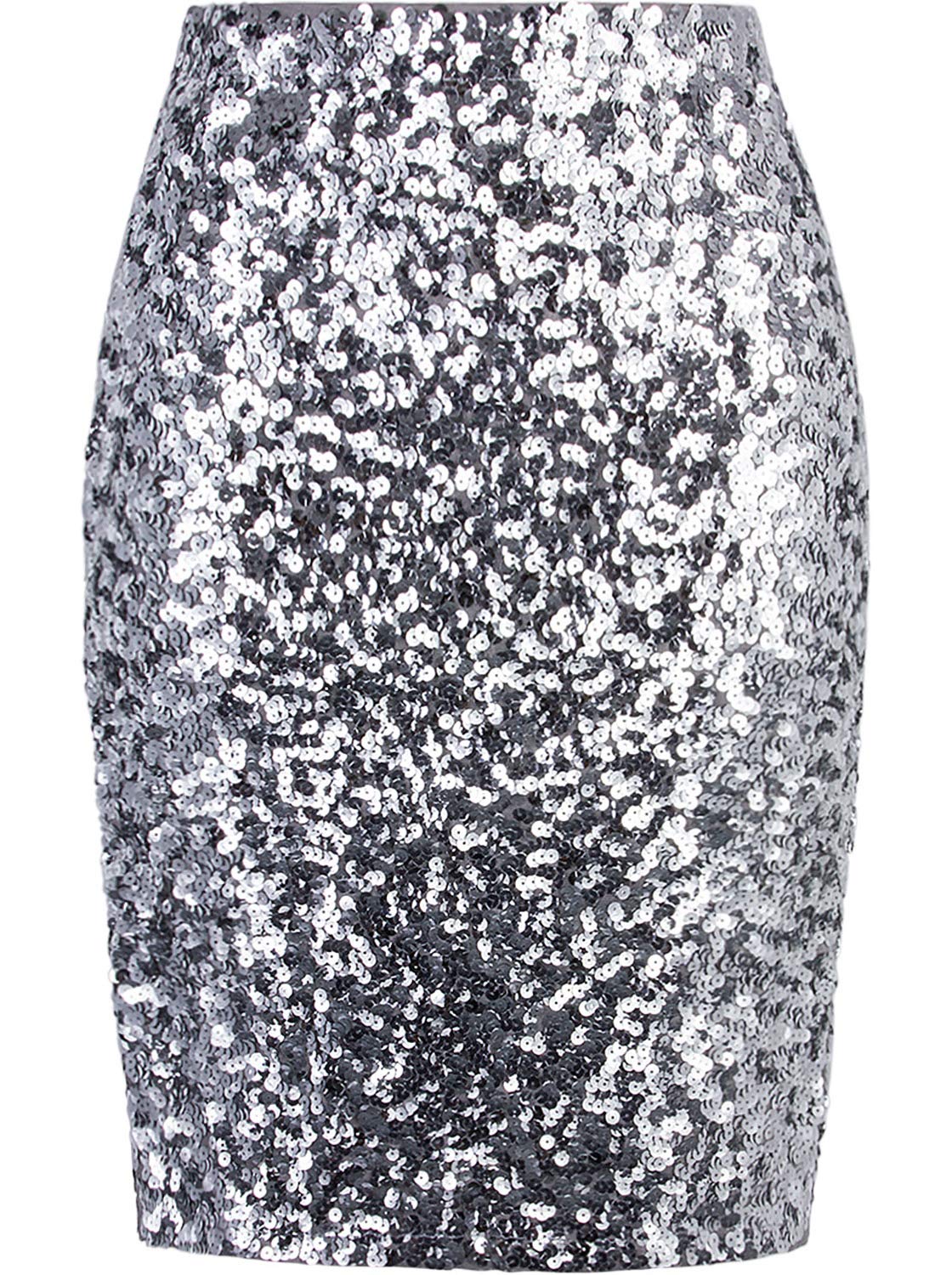 Vijiv Women's Sequin Skirt Midi High Waist Elegant Stretchy Sparkle Side Slit Pencil Skirt Party Cocktail