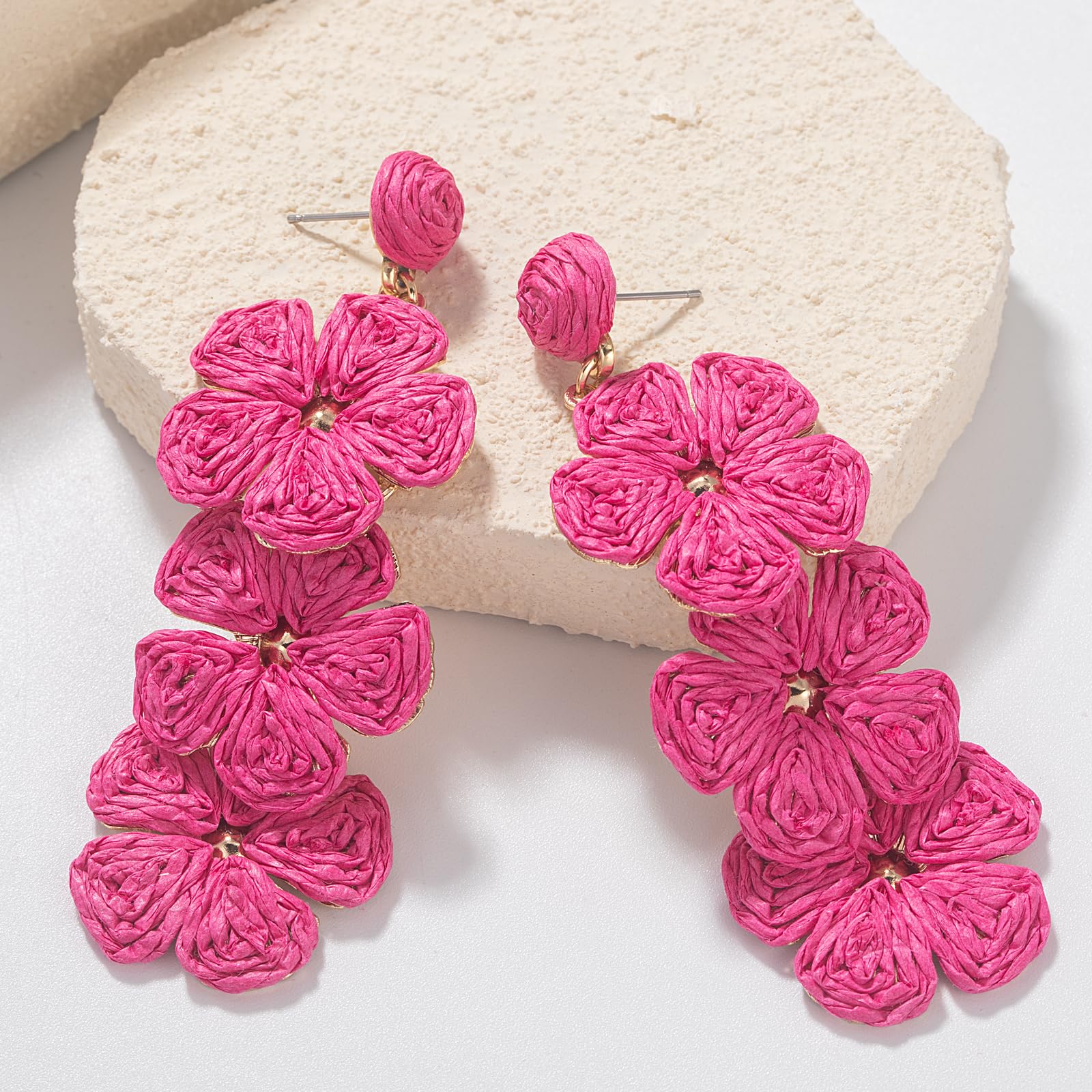 Boho Flower Earrings Statement Raffia Dangle Earrings Cute Floral Jewelry Trendy Summer Beach Vacation Outfits for Women