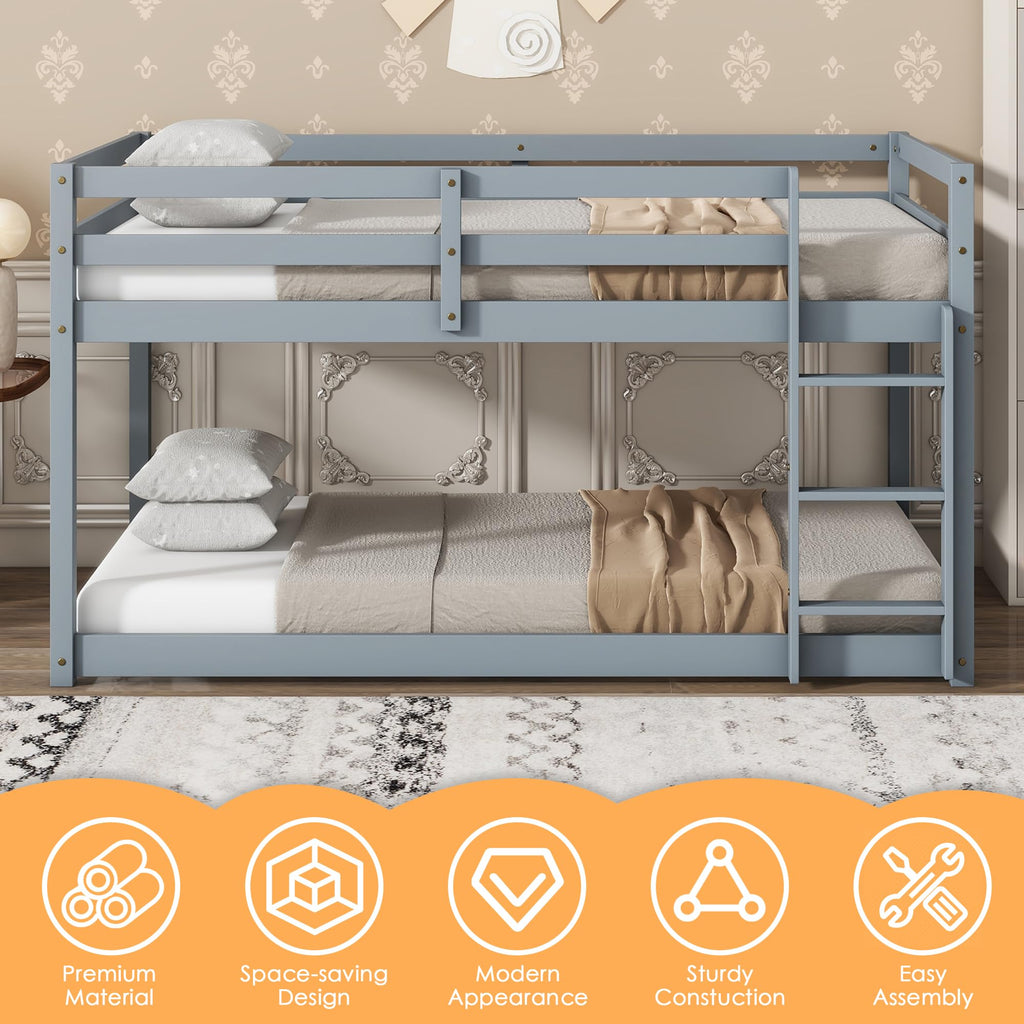 Bunk Bed Twin Over Twin, Wood Low Profile Floor Twin Bunk Beds with Headboard Ladder Guardrails for Kids Boys and Girls, No Box Spring Needed