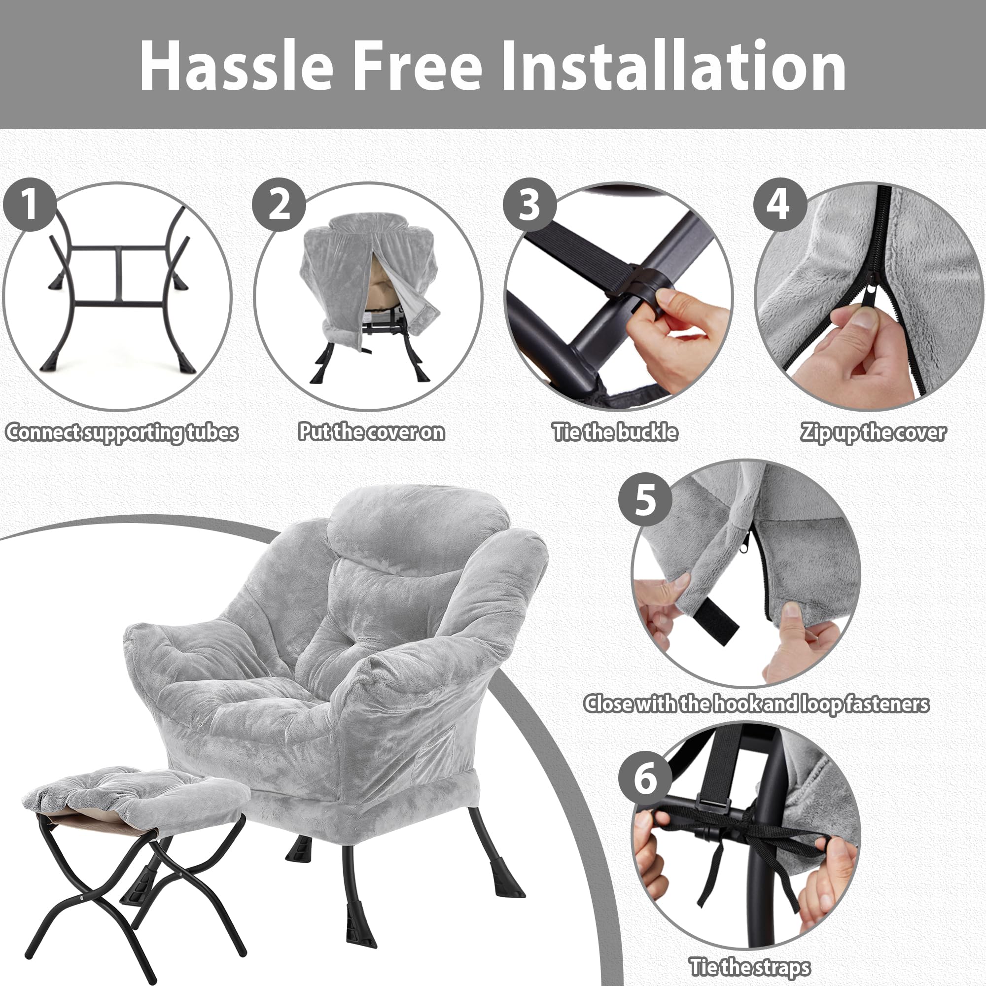 Youtanic Lazy Chair with Folding Ottoman, Accent Chair Velvet Upholstered with Metal Structure and Non-Slip Pads, Sofa Armchair with Footrest and Side Storage Bag for Dorm, Room, Office, Beige