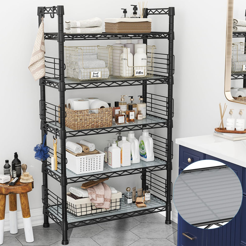 FUTASSI Metal Storage Rack, Storage Organizer Shelves for Kitchen, Bathroom, Living Room, Balcony and Garage, 5 Tiers Narrow Bookshelf, 21.2" W x 9.4" D x 59.2" H, Load 400lbs, Black