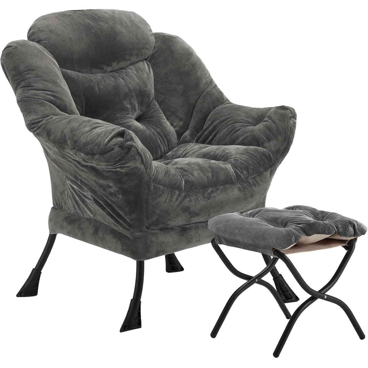 Youtanic Lazy Chair with Folding Ottoman, Accent Chair Velvet Upholstered with Metal Structure and Non-Slip Pads, Sofa Armchair with Footrest and Side Storage Bag for Dorm, Room, Office, Beige