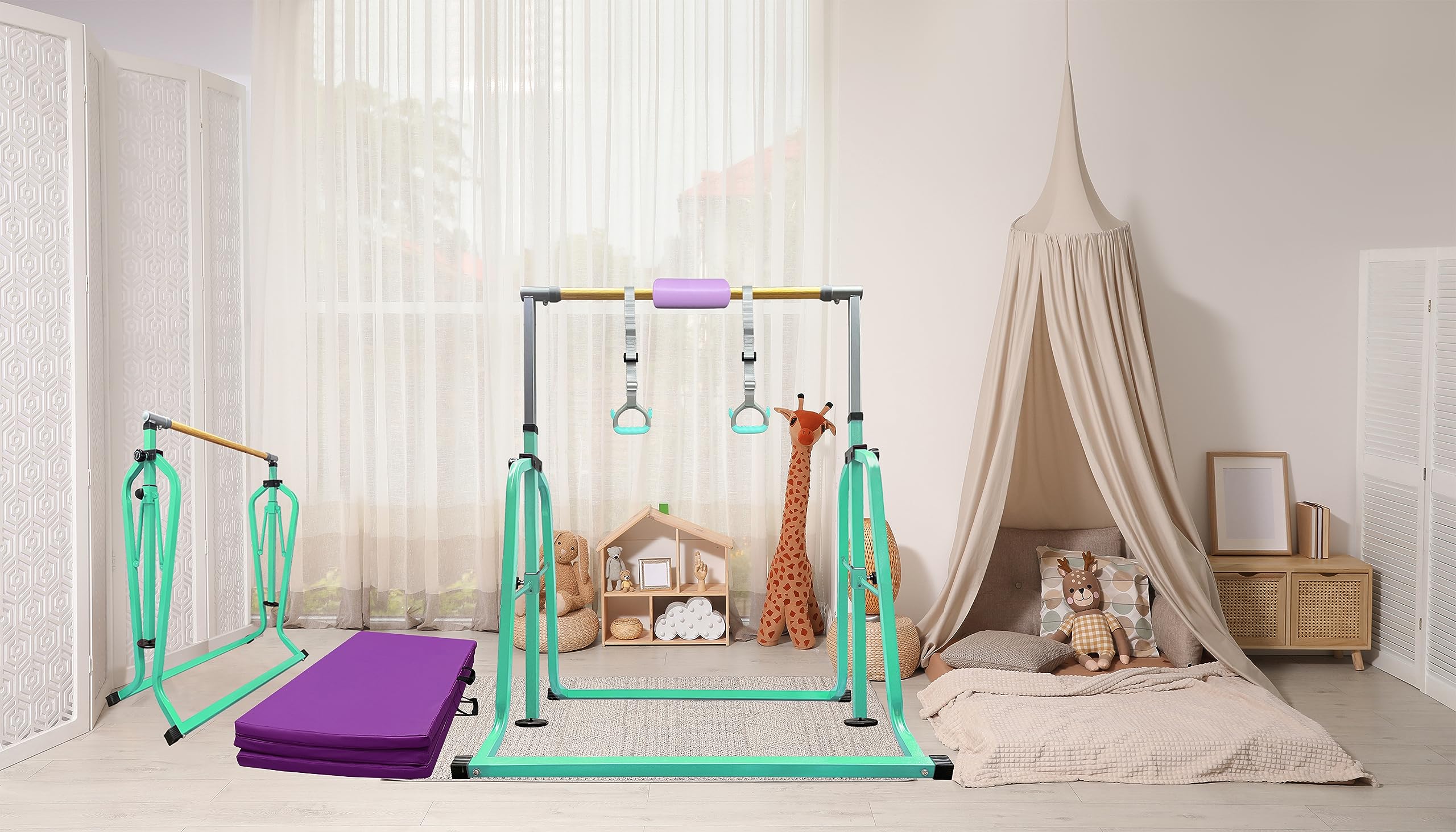 Foldable & Moveable Gymnastics Horizontal Bar with Rings,3’to 5’Adjustable Height Expandable Junior Kip Bar for Home,Indoor Gym Equipment for Kids