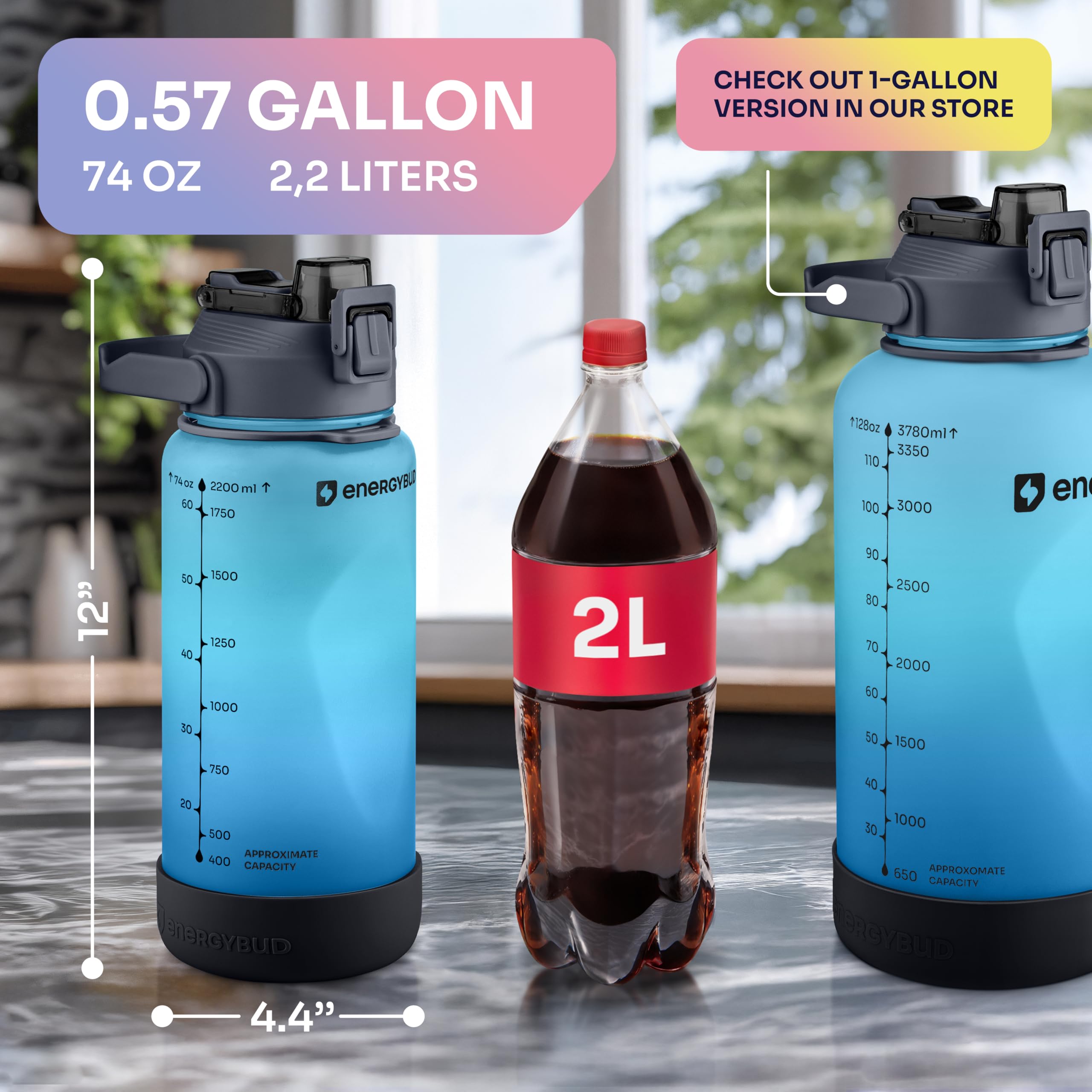 1/2 Gallon Water Bottle with 74.3 oz Capacity - Motivational Time Markers for Daily Hydration Goals - Leakproof BPA Free Tritan with Removable Straw