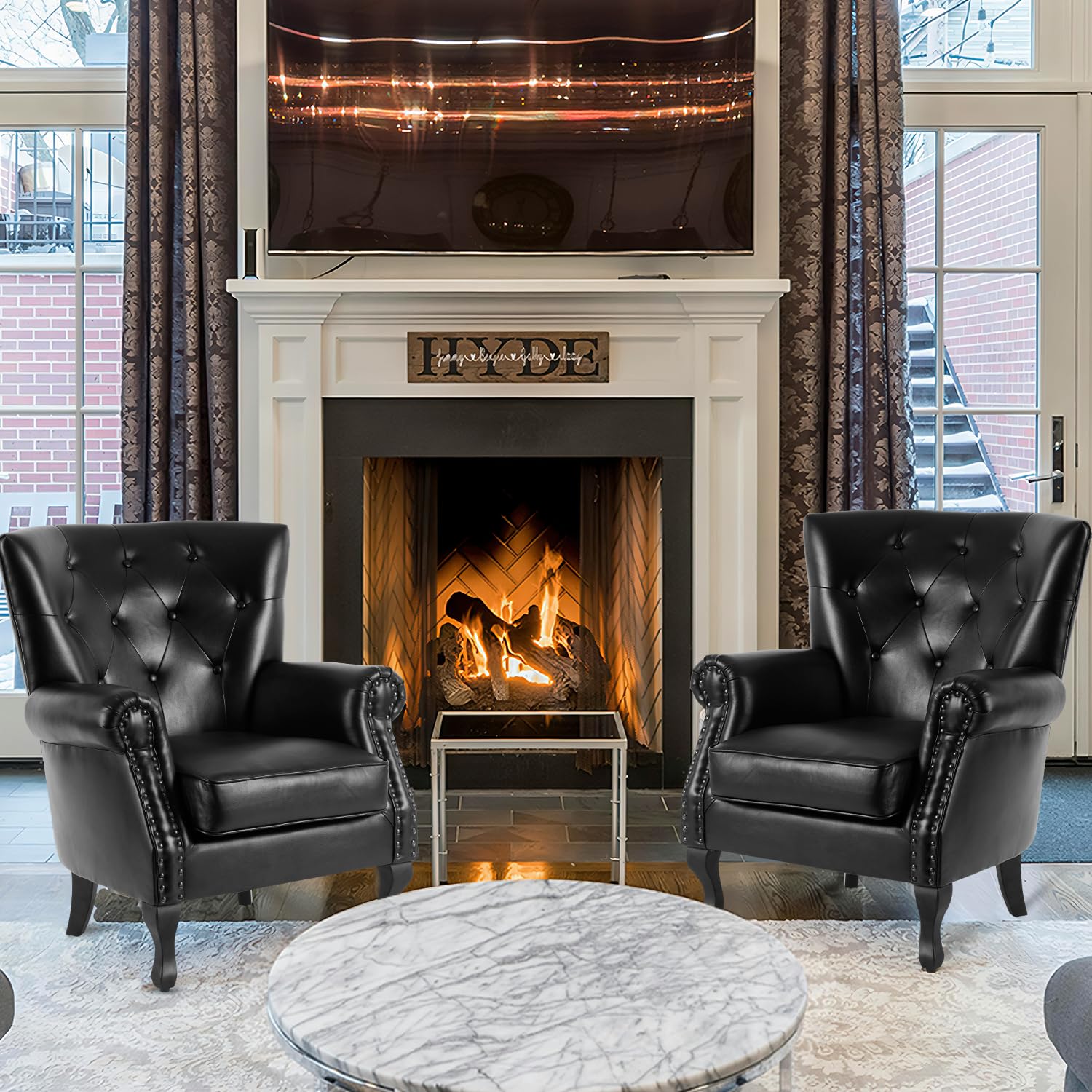 MOJAY PU Leather Accent Chair, Mid-Century Modern Armchair Living Room Club Chair with Tufted Button & Rivet Trim, Upholstered Sofa Chair with Sturdy Wood Legs for Bedroom (Black)