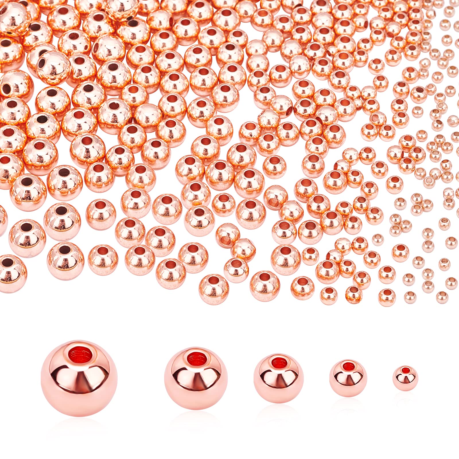 PH PandaHall 14K Gold Plated Spacer Beads, 300pcs Round Brass Beads 5 Size Metal Smooth Beads Seamless Ball Beads Long-lasting Little Beads for Summer Bracelet Necklace Jewelry DIY Crafts(2/3/4/5/6mm)
