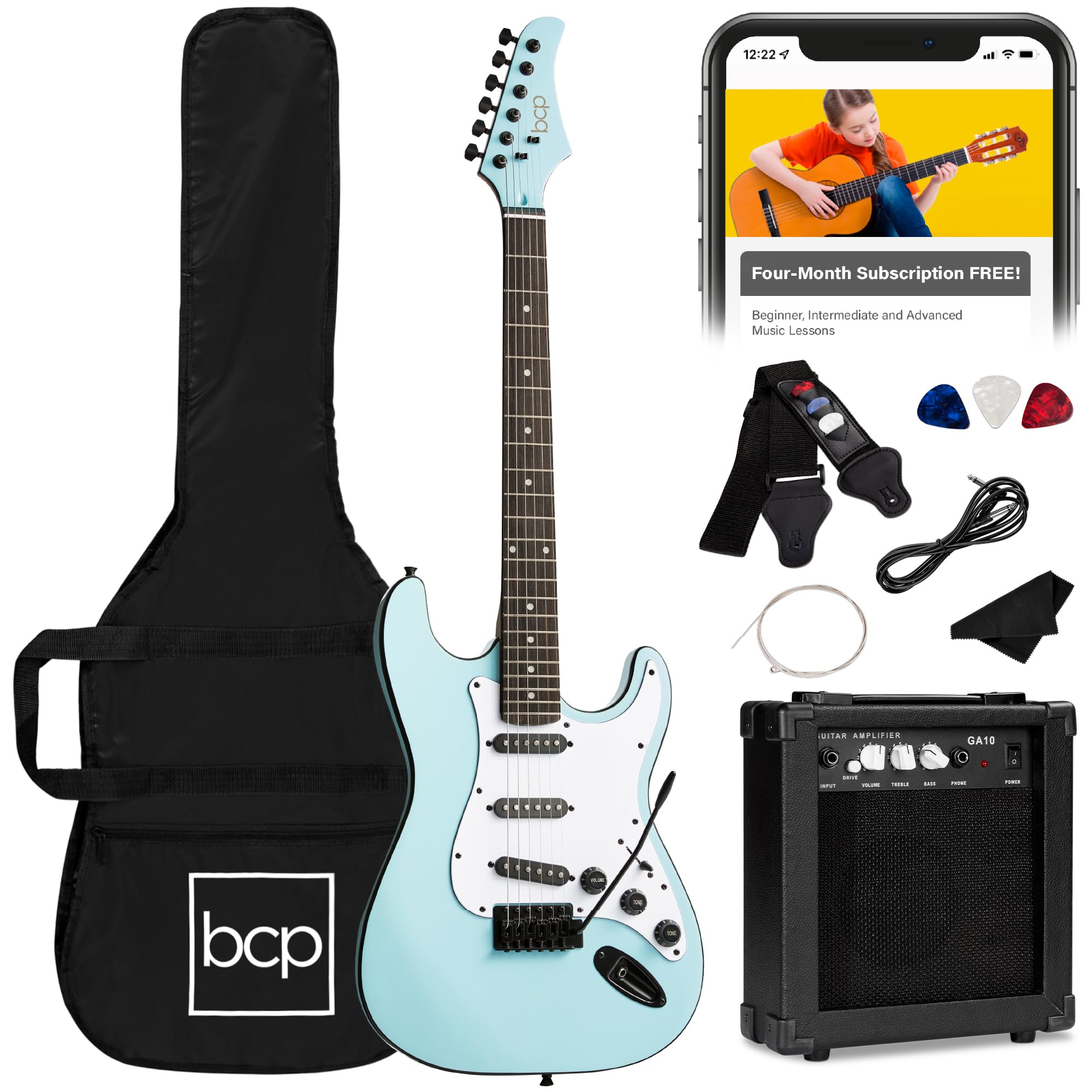 Best Choice Products 39in Full Size Beginner Electric Guitar Starter Kit w/Case, Strap, 10W Amp, Strings, Pick, Tremolo Bar - 3 Color Sunburst
