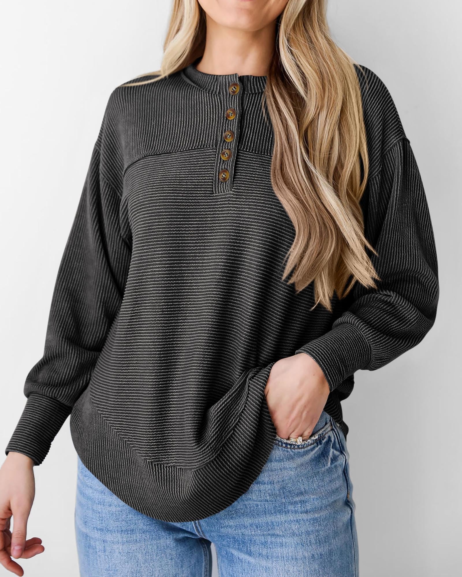KIRUNDO Going Out Tops for Women Henley Shirts 2025 Casual Ribbed Knit Long Sleeve Tunic Summer Fall Button V Neck Blouse