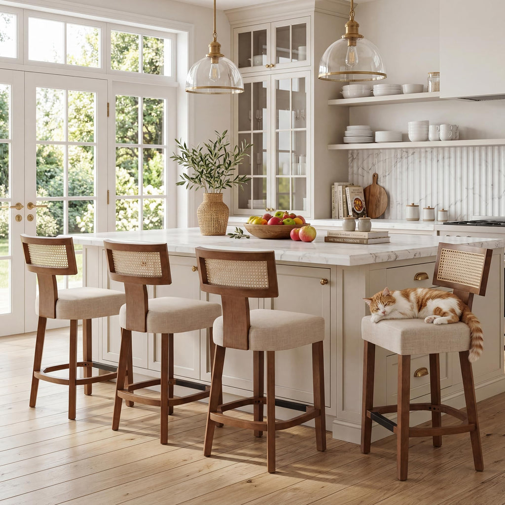 Farmhouse 30'' Extra Tall Bar Stools Set of 2 Modern Counter Height Barstools with Backs Rustic Wood Bar Stools Linen Upholstered Counter Chairs Kitchen Island Stool Chairs with Wood Frame, Beige