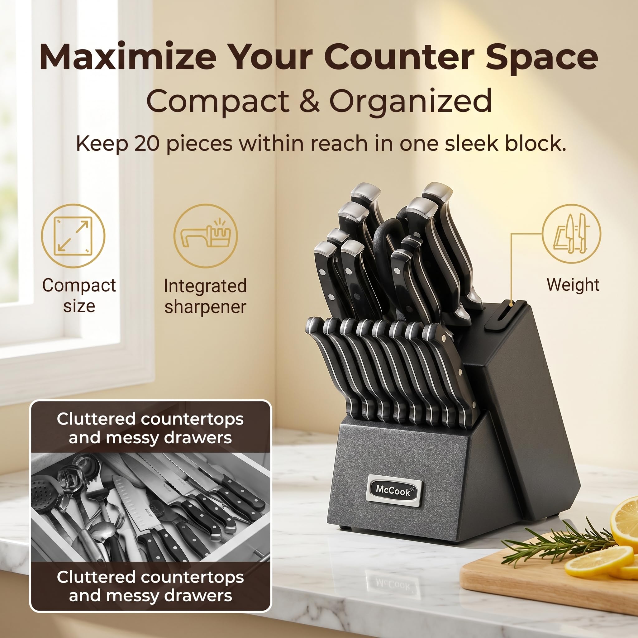 McCook® Knife Sets,German Stainless Steel Kitchen Knife Block Set with Built-in Sharpener, 20-Piece Razor-Sharp Kitchen Knives, Forged Triple Rivet,Full Tang,Ergonomic Handle,Elegant Box for Gift