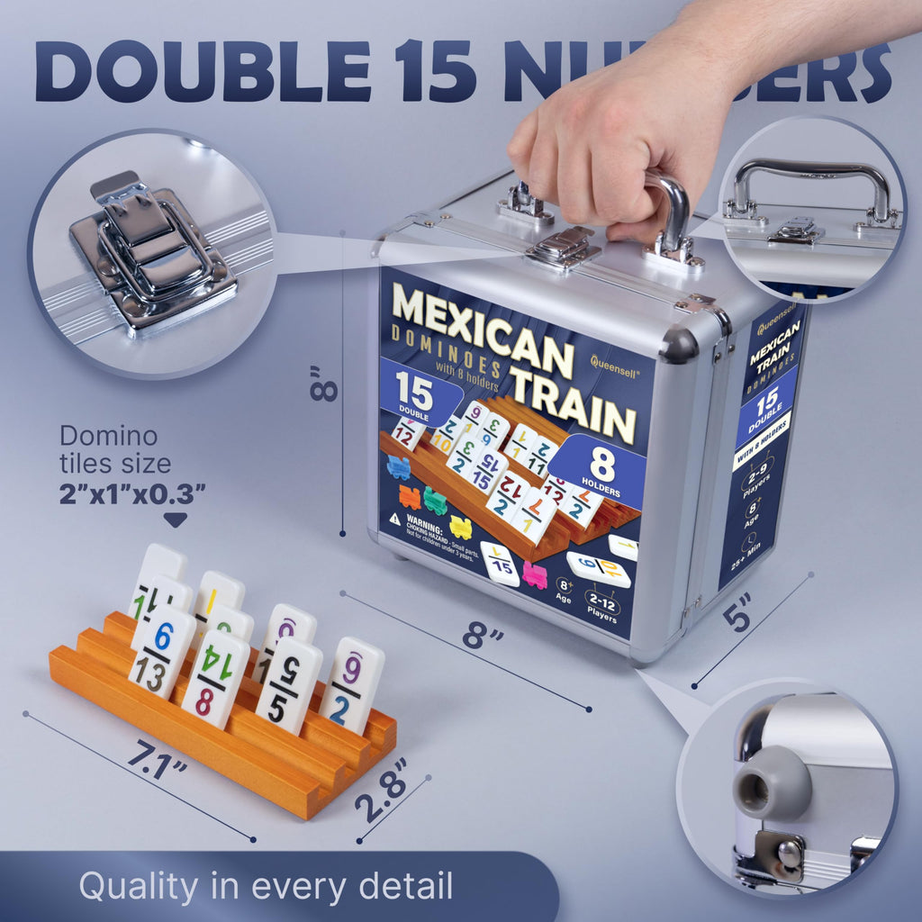 Queensell Mexican Train Dominoes Set Double 15 for Adults and Family, Mexican Train Double 15 Dominoes Set Colored Dot - 136 Tiles, 9 Trains, Wooden Hub, Aluminum Case (Double 15)