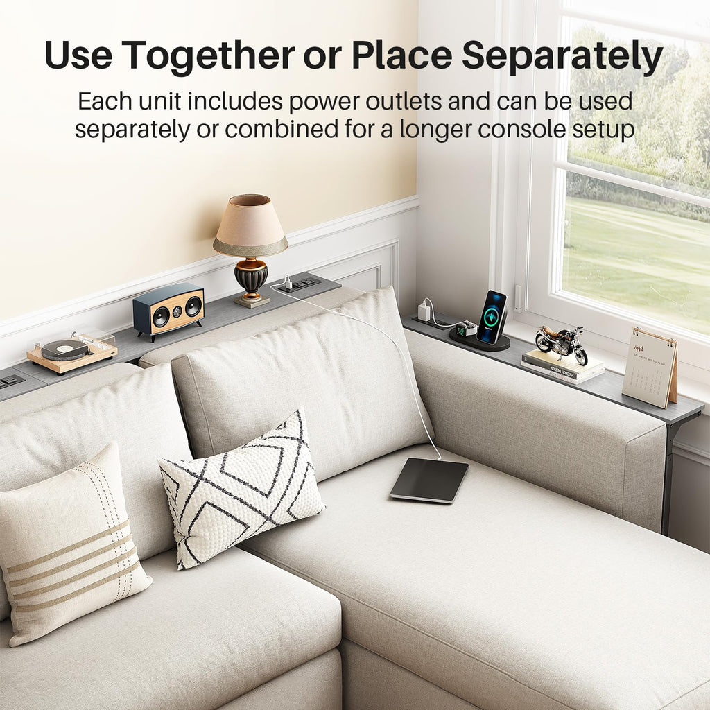 Kitstorack Narrow Sofa Table with Charging Station, 78.8" Behind Couch Table, Adjustable 24.4"-32.7" Height, Modular 2-piece Design for sectionals, entryways, Apartments, and Narrow Living Spaces