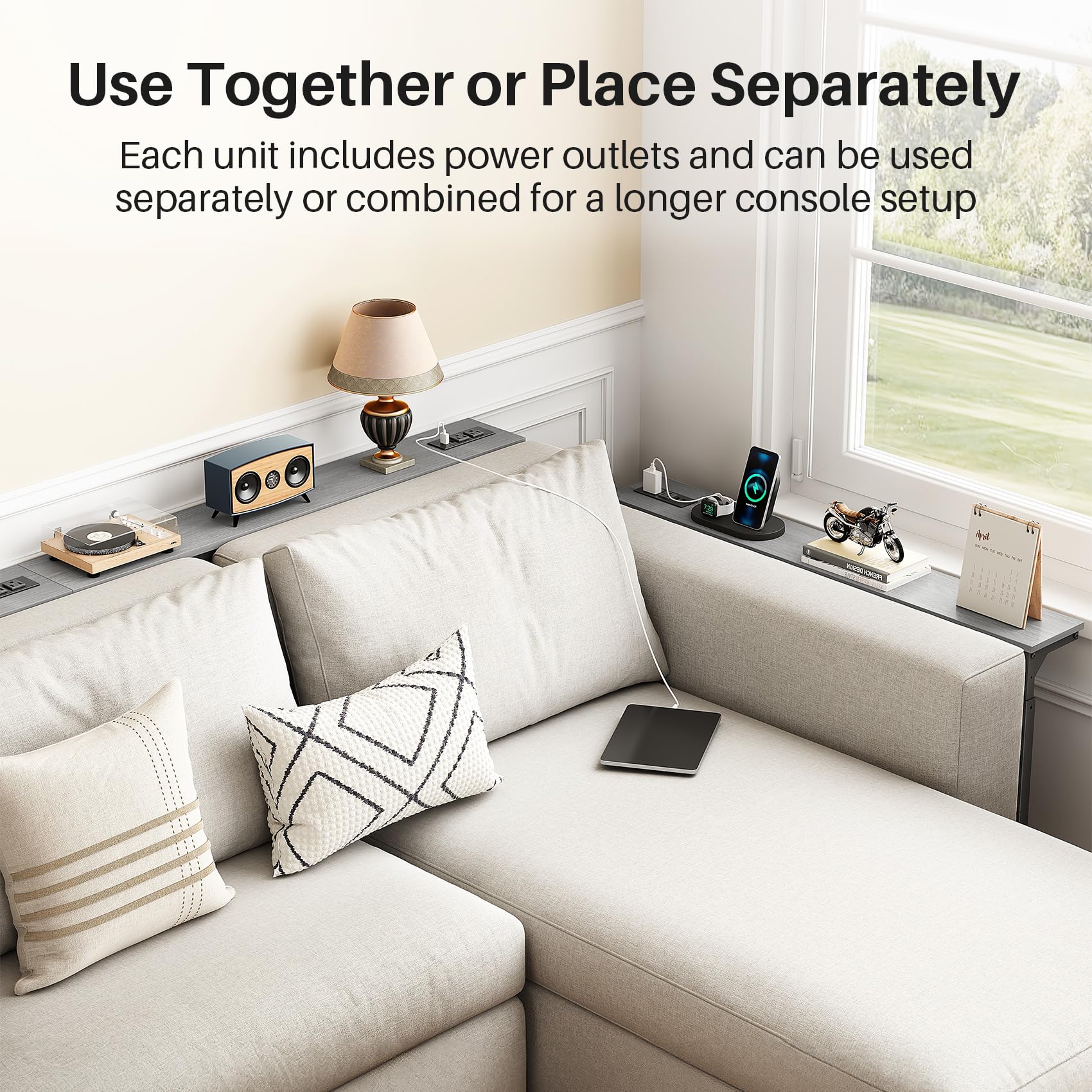 Kitstorack Narrow Sofa Table with Charging Station, 78.8" Behind Couch Table, Adjustable 24.4"-32.7" Height, Modular 2-piece Design for sectionals, entryways, Apartments, and Narrow Living Spaces
