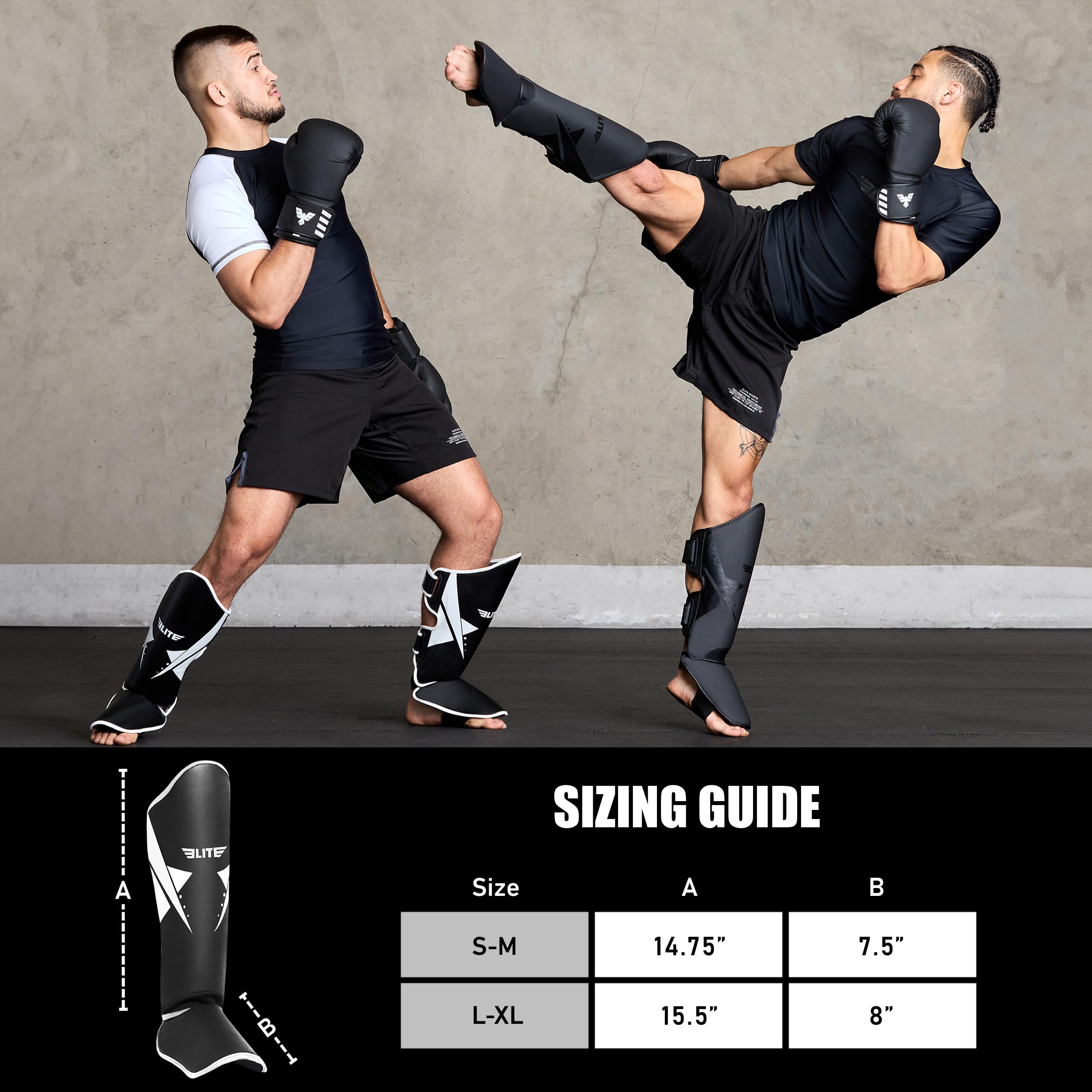 Elite Sports Muay Thai Shin Guards Kickboxing MMA Muay Thai Leg Instep Protective Pads, Martial Art Kicking Sparring Training Gear for BJJ Karate Boxing Taekwondo
