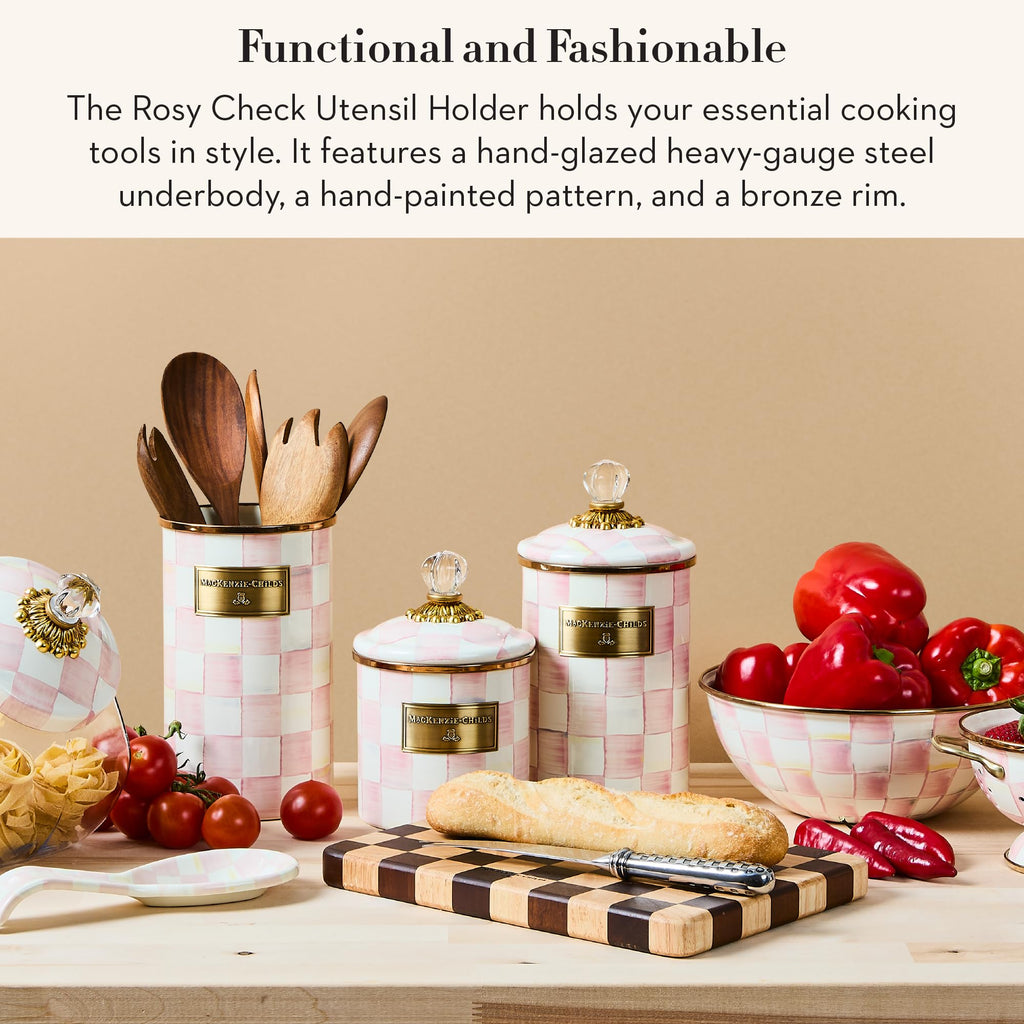 MACKENZIE-CHILDS Enamel Utensil Holder, Stylish Kitchen Countertop Organizer, Wild Rose Brown