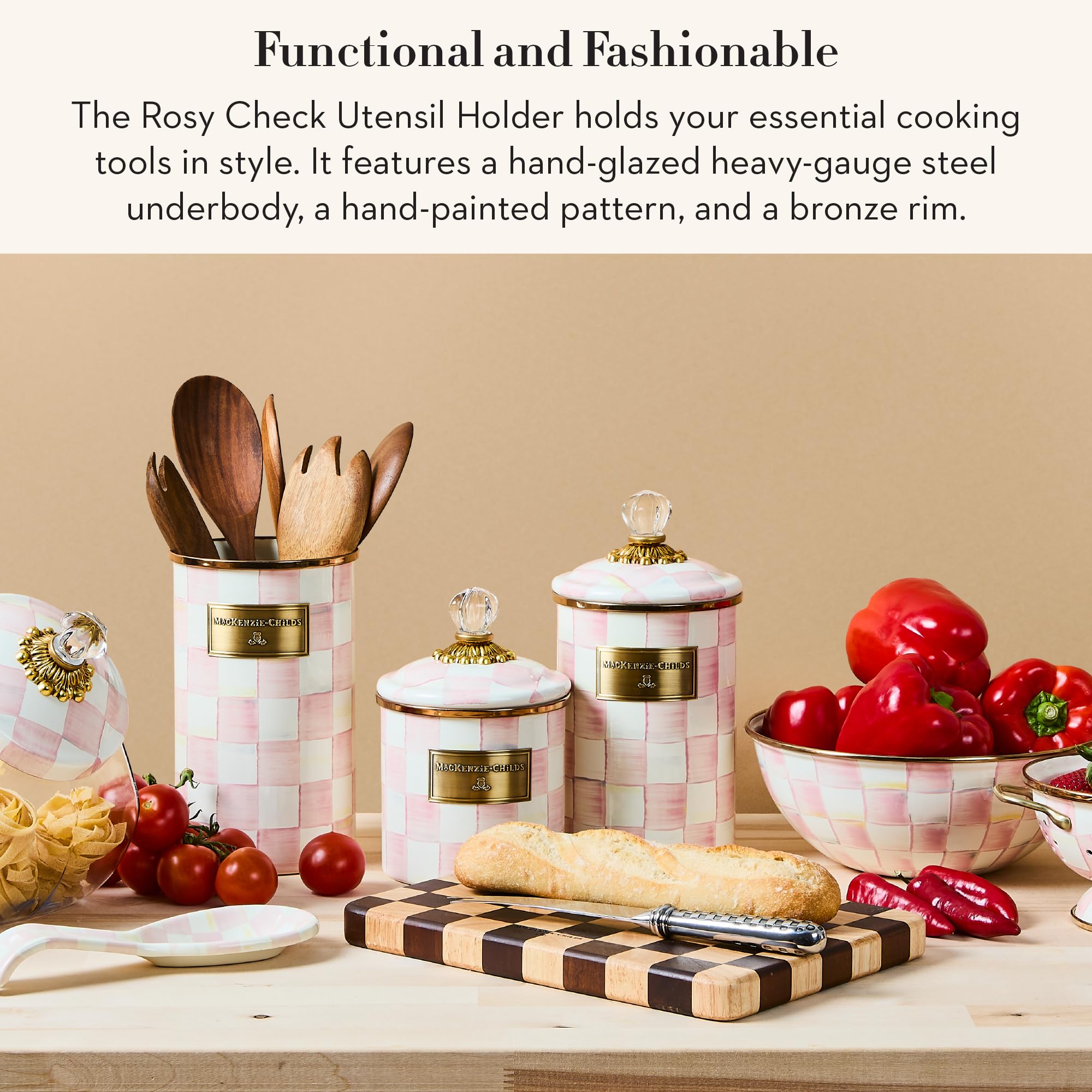 MACKENZIE-CHILDS Enamel Utensil Holder, Stylish Kitchen Countertop Organizer, Wild Rose Brown