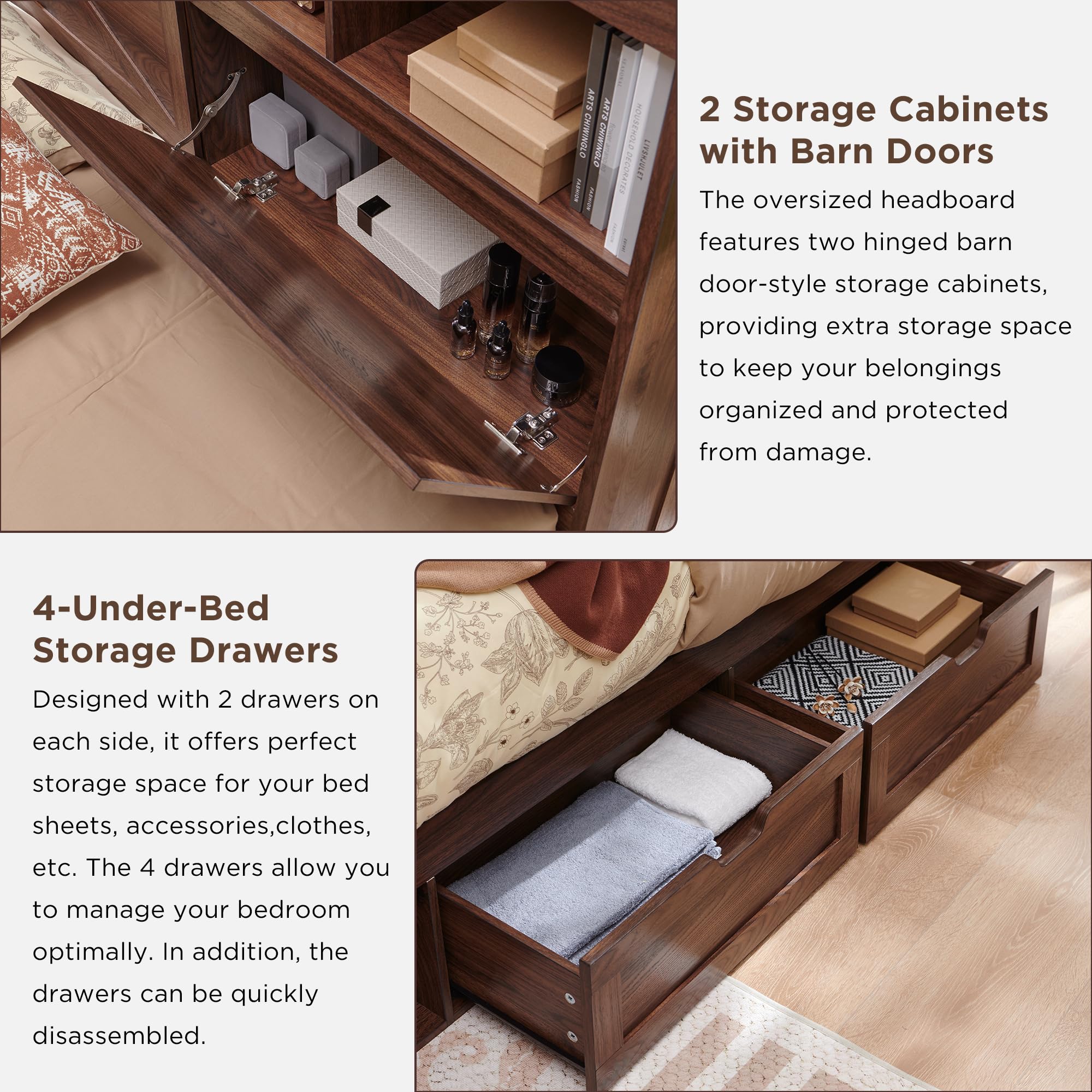 ACCOHOHO Queen Size Wood Bed Frame Farmhouse with 52" Tall Storage Bookcase Headboard, LED Light,Charging Station,4 Drawers and Solid Wood Slats Support,Noiseless,No Box Spring Needed - Black