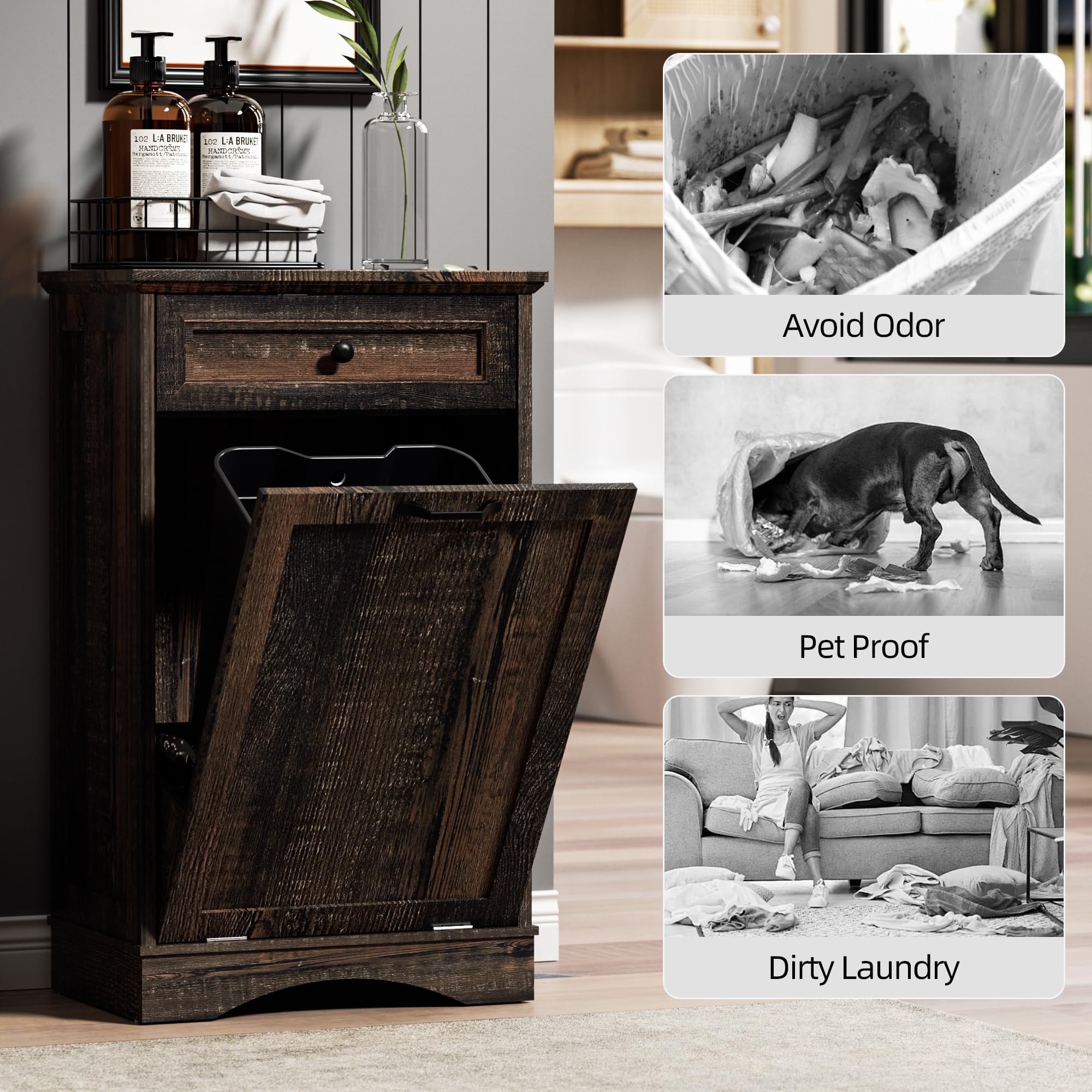 AHB Double Tilt Out Trash Can Cabinet Freestanding Kitchen Trash Can, 2x13 Gallons Hidden Garbage Recycling Cabinet with Hideaway Drawers Pet Proof Trash Can Holder for Kitchen, Antique White