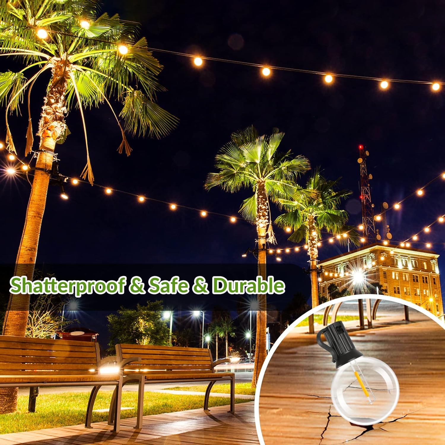Lakumu 34FT G40 Solar String Lights, Globe Outdoor String Lights with 15 E12 Waterproof LED Bulbs, 2700K Shatterproof Patio Lights, Solar Powered Hanging Lights