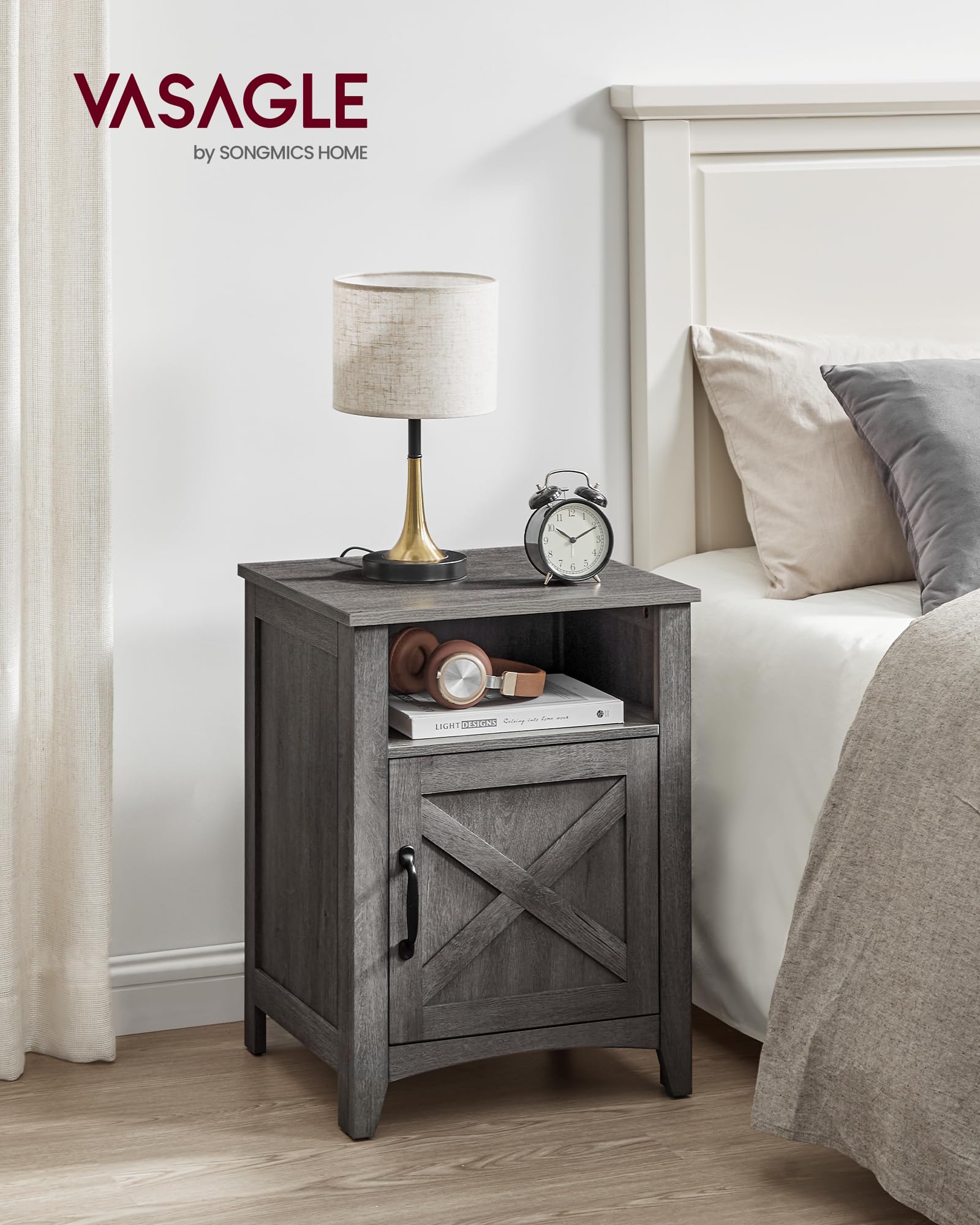 VASAGLE LIRY Collection - Farmhouse Nightstand with Barn Door, Bedside Table with Storage, Side End Table, Night Stand, Open Compartment, for Bedroom, Misty Gray ULET609G68