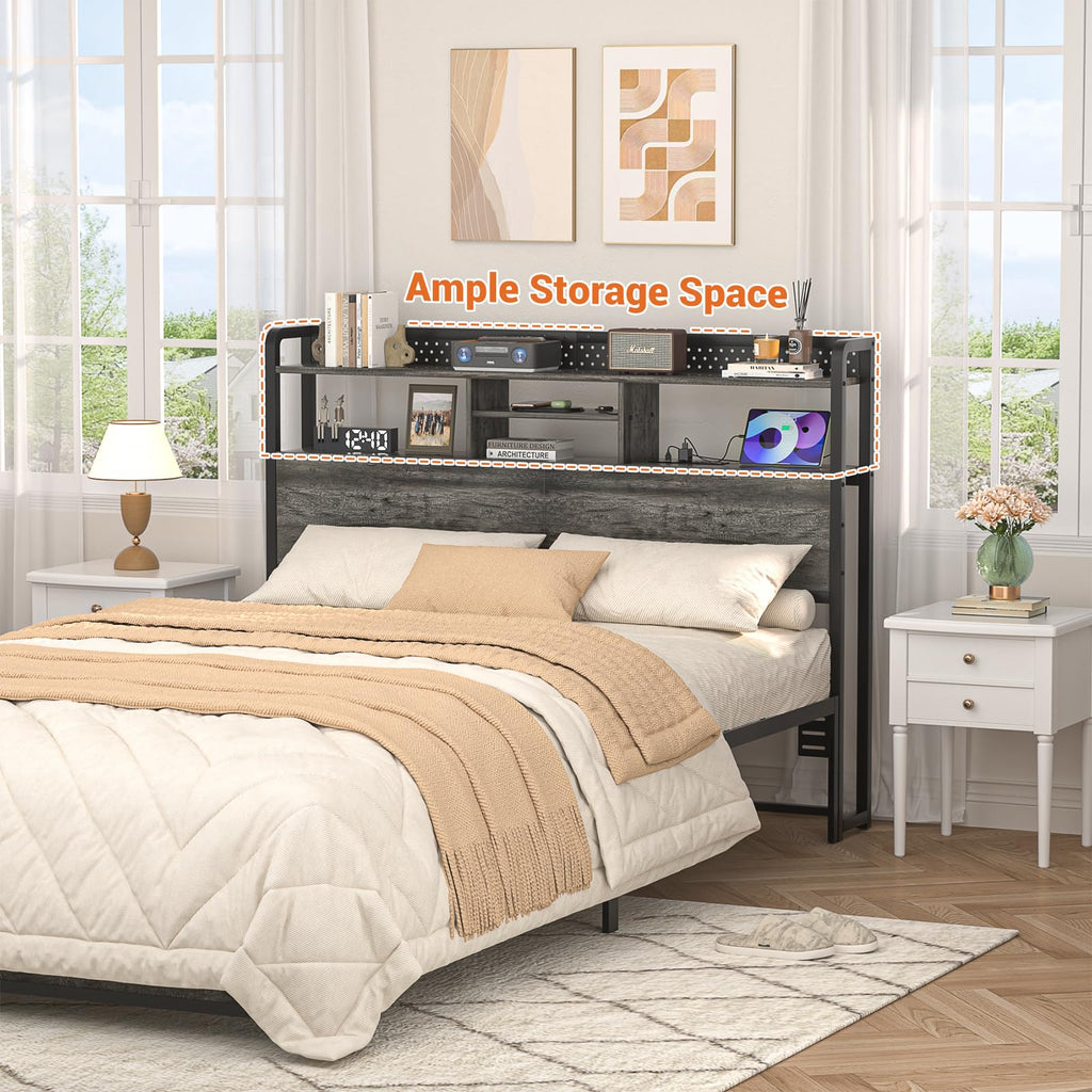 Unikito Headboard for Queen Size Bed with Storage Shelf, Head Board with 3 Outlets and 2 USB Ports, Headboards with RGB LED Light, Height Adjustable, Sturdy and Stable, Easy Assembly, Black