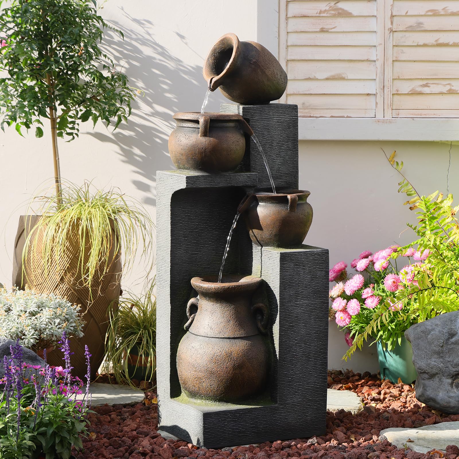 Bumilgar 2-Tier Bowl Water Fountain with LED Lights, 27.95" Tall Freestanding Outdoor & Indoor Garden Waterfall Fountain for Yard, Patio, Backyard, Floor Standing Home Decor