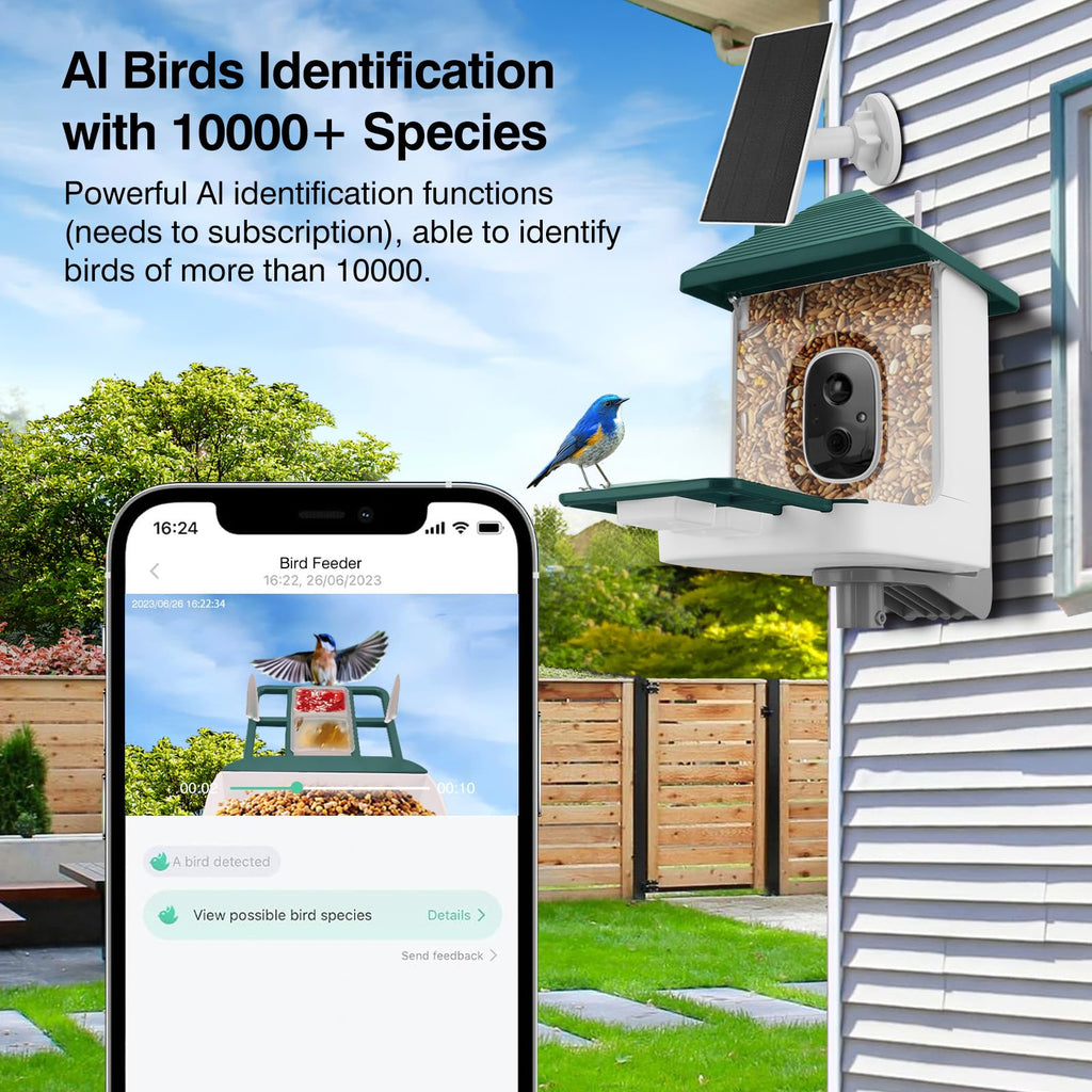 Smart Bird Feeder with Camera,AI Identify Species,Bird House with Solar Powered,Instant Arrival Alerts,2K Capture Video,Live View for Lover (Blackish Green)