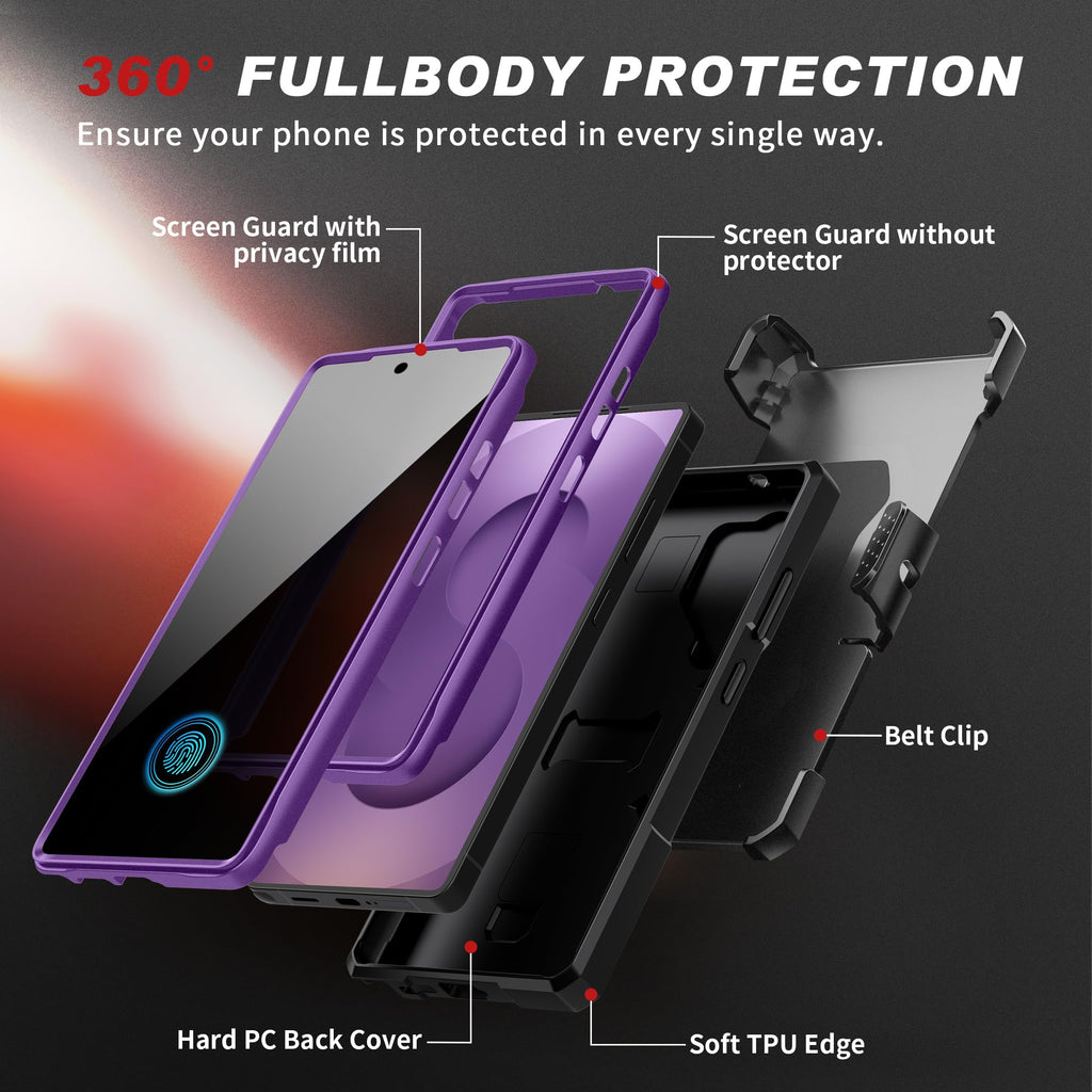 TONGATE Magnetic Stand for Samsung Galaxy S25 Ultra Case with Privacy Screen Protector, [Compatible with Magsafe] [Military Drop Protection] S25 Ultra Case with Camera Cover & Belt Clip, Black 6.9"
