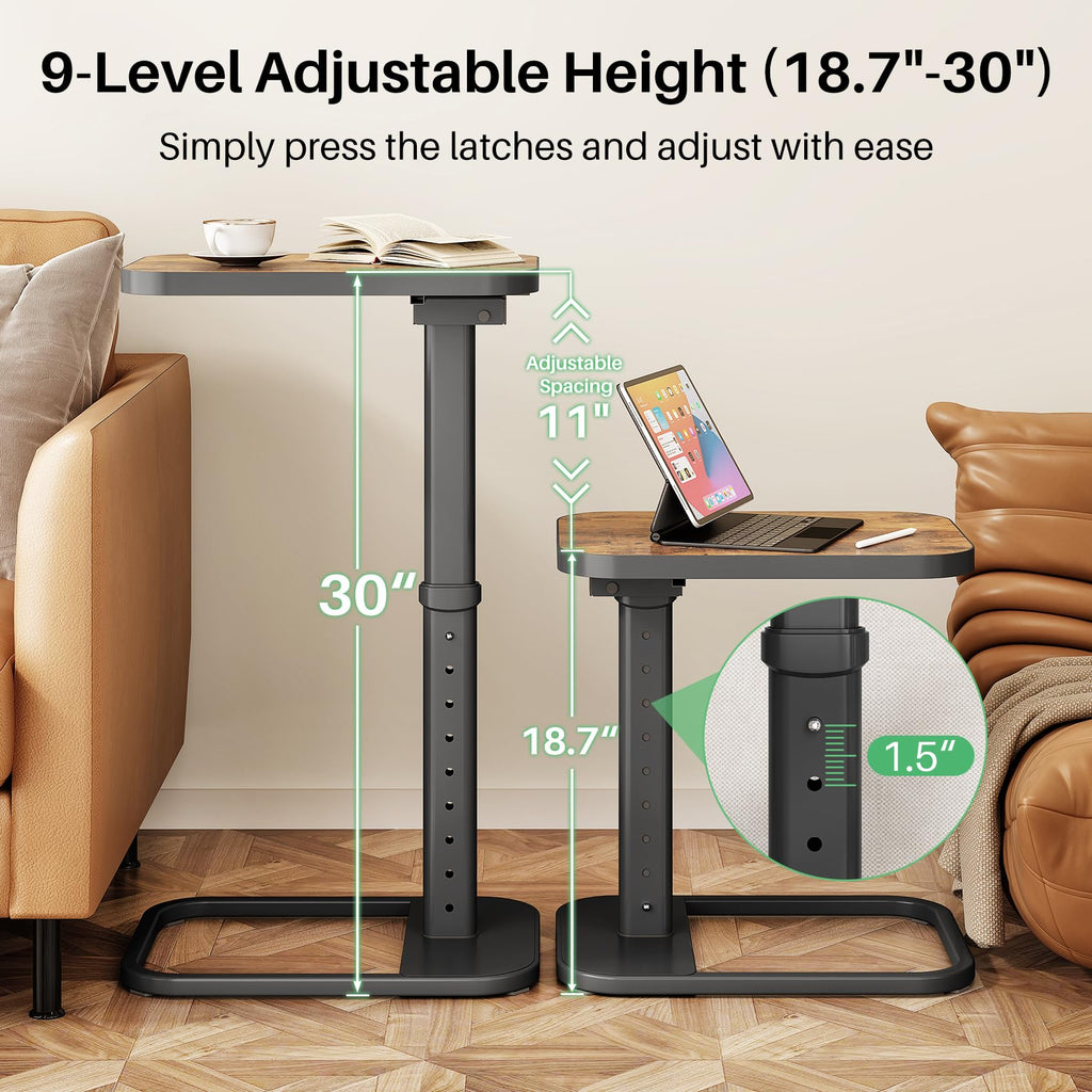 Kitstorack TV Tray Table, Adjustable Height & Rounded Metal Corners, Snack Table for Couch, Sofa, Bed, Chair, Living Room, C Shaped End Side Table for Eating, Dinner or Laptop, Small Spaces, Black