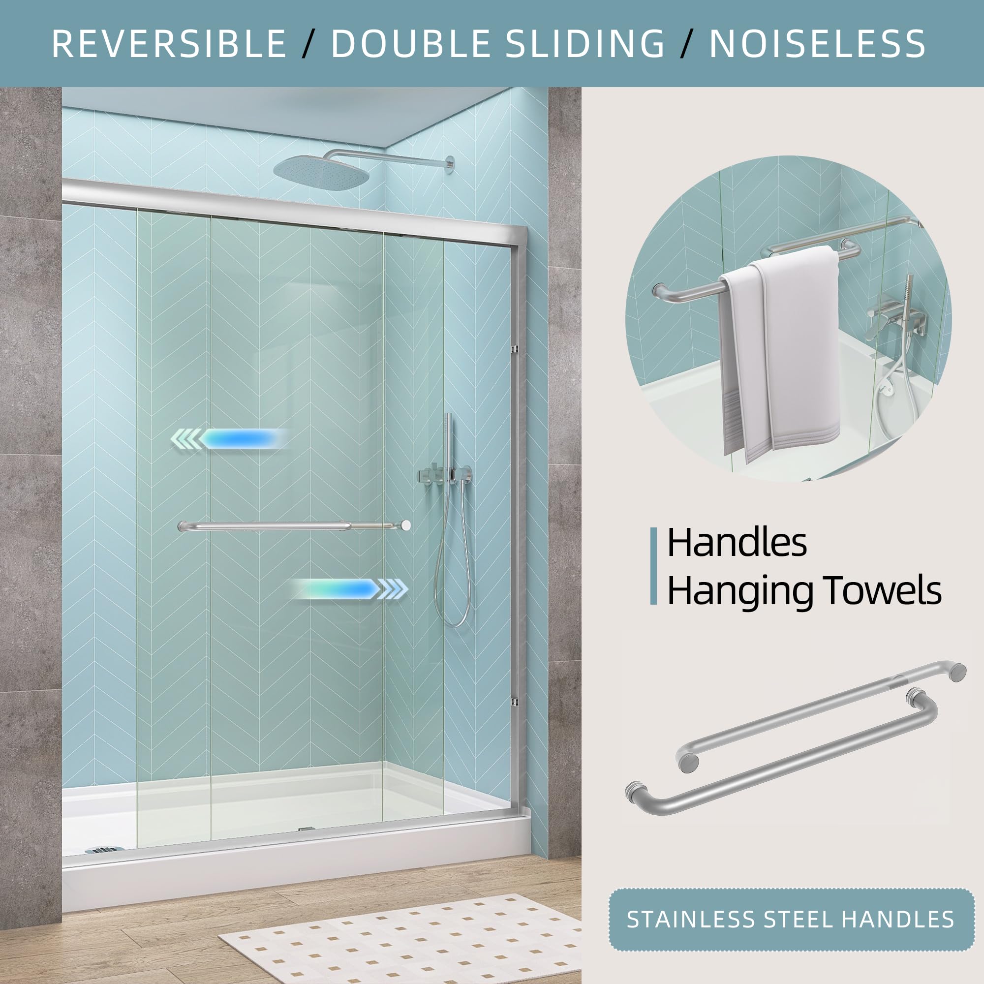 GETPRO Shower Door Sliding 44-48 in. W x 72 in. H Semi-Frameless Bypasss Double Sliding Doors for Shower,1/4 inch Clear Tempered Walk-in Shower Glass Door Brushed Nickel