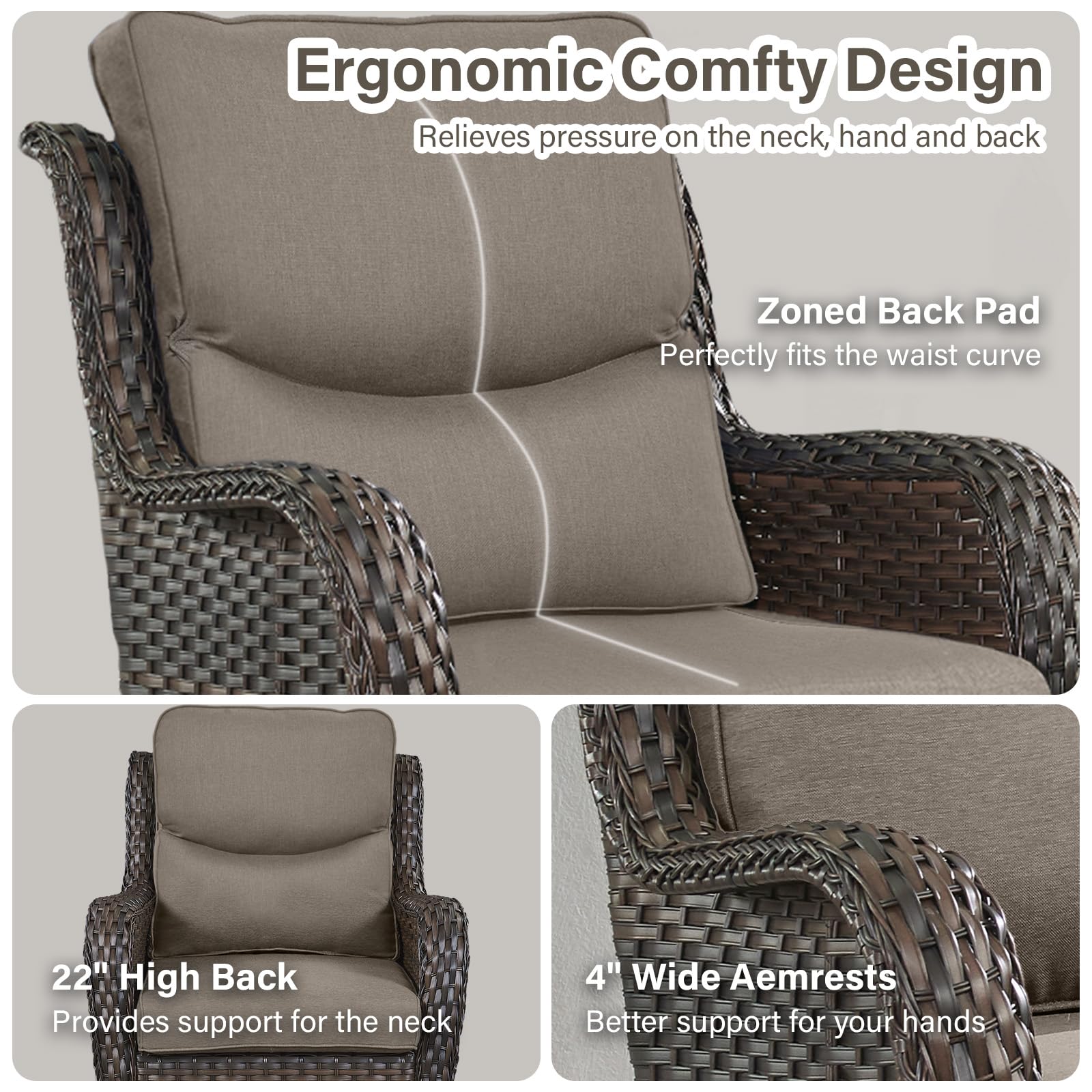 Swivel Patio Chairs Set of 2 with 5" Thick Cushion - Wicker Outdoor Swivel Rocker Patio Chairs, High Back Comfortable Outdoor Glider Chair for Balcony, Porch, Deck, Poolside - Brown/Beige