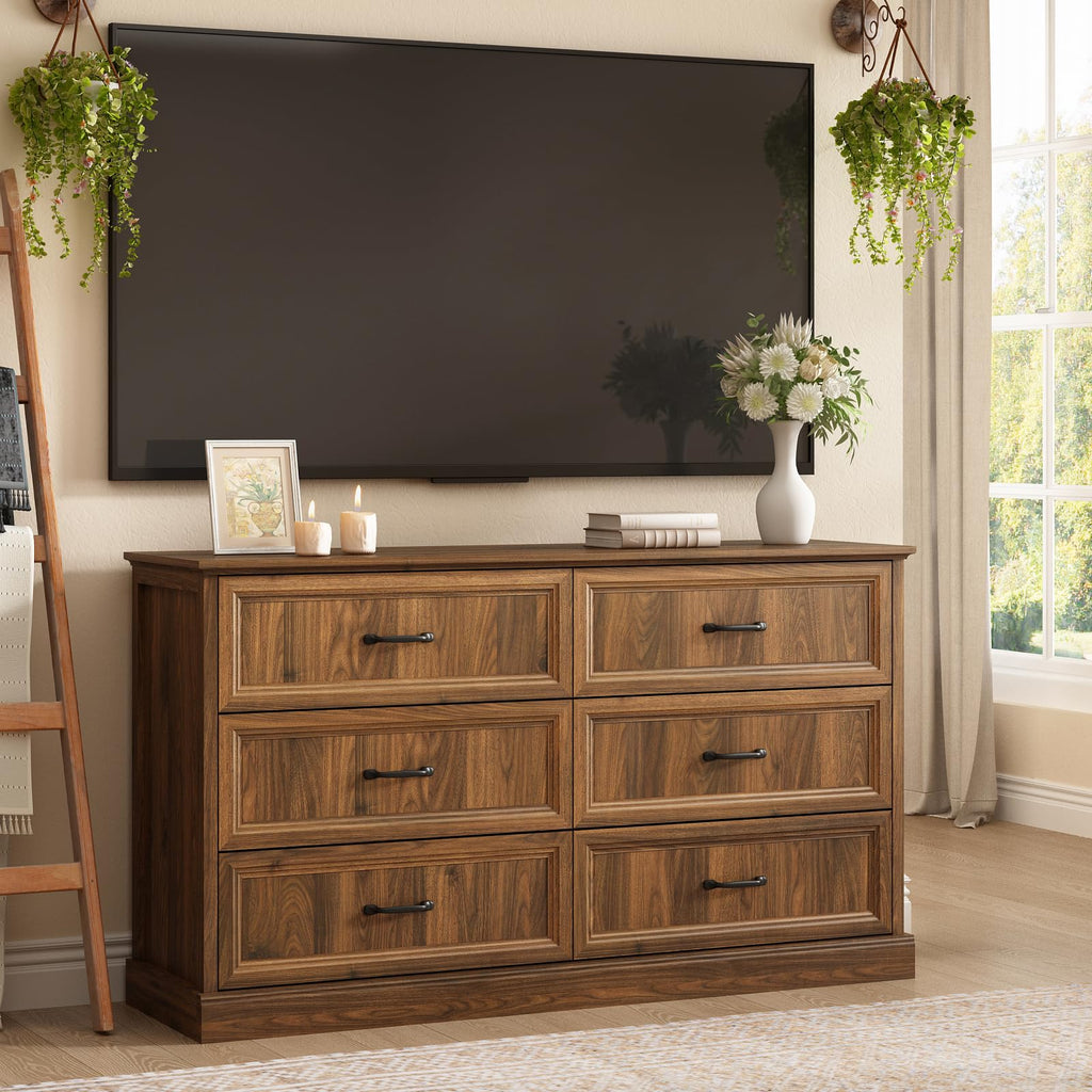 Farmhouse 5 Drawers Dresser for Bedroom, 44" Tall Brown dresser Wood Rustic Chest of Drawers with Wide Metal Handle,Natural Texture,Drawer Organizer for Bedroom,Living Room,Hallway and Entryway
