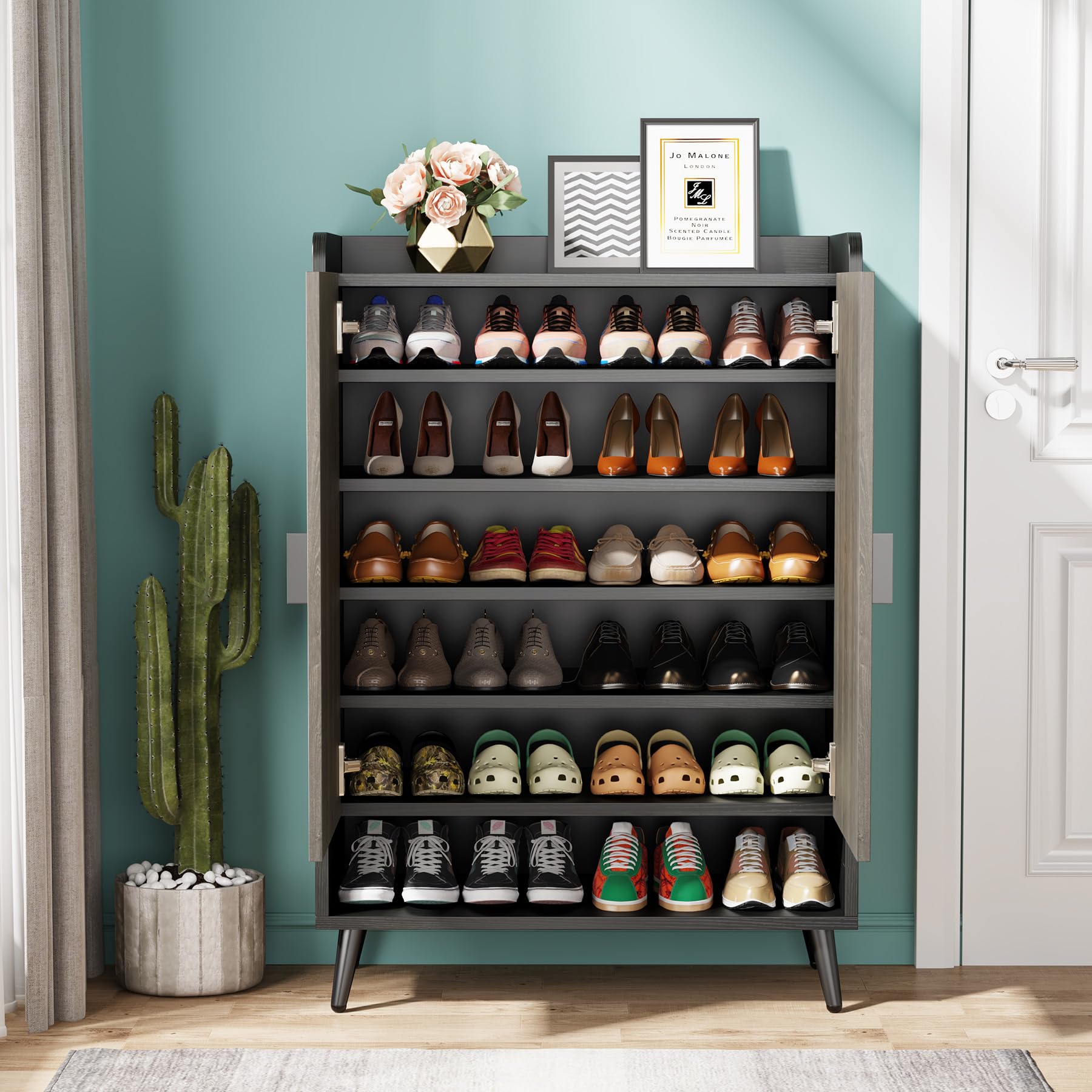Tribesigns Shoe Cabinet with Doors, 7-Tier Shoe Storage Cabinet with Adjustable Shelves, Wooden Shoes Rack Shoe Storage Organizer for Entryway, Hallway, Closet, Living Room, Black