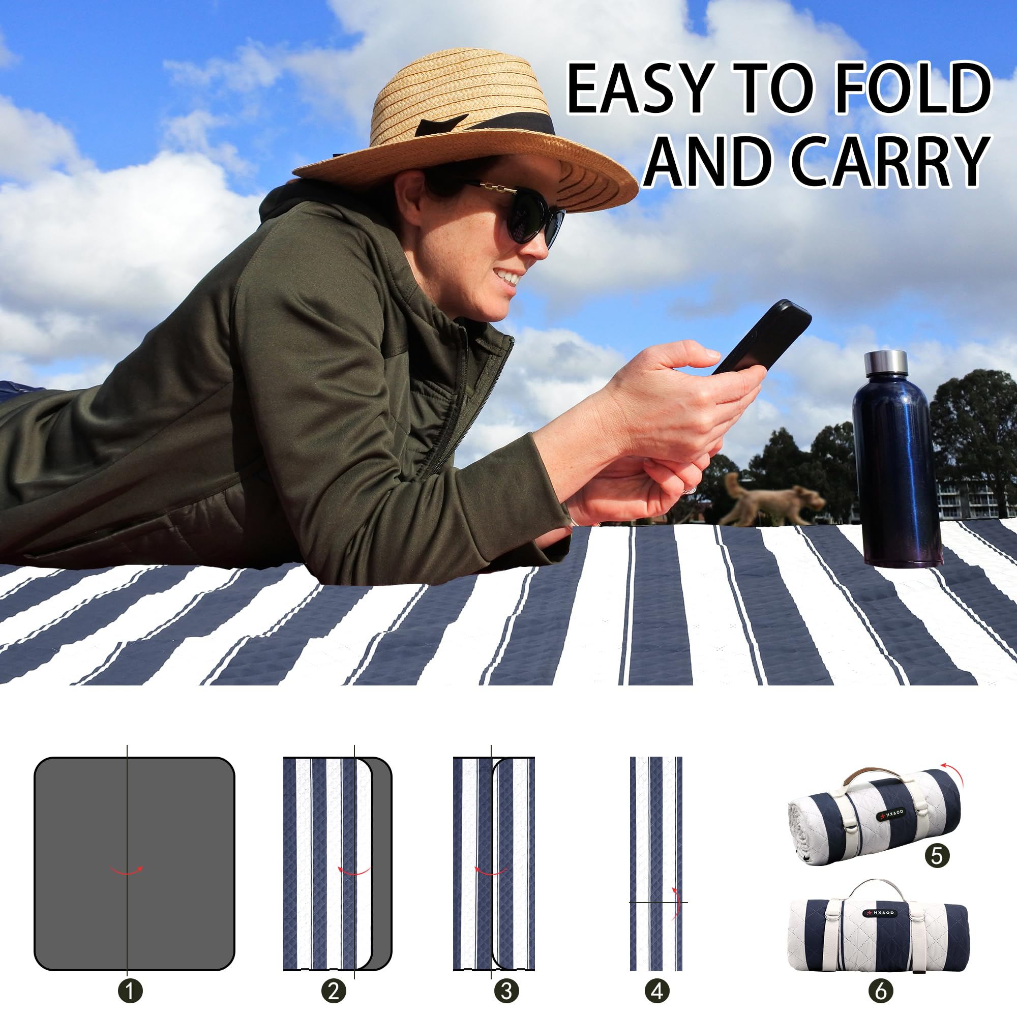 HX&OD Extra Large Picnic Outdoor Blanket, 80”x60” Waterproof Picnic Mat Foldable Camping Blanket Portable with Carry Strap for Beach Mat Outdoor Camping Party(Yellow)