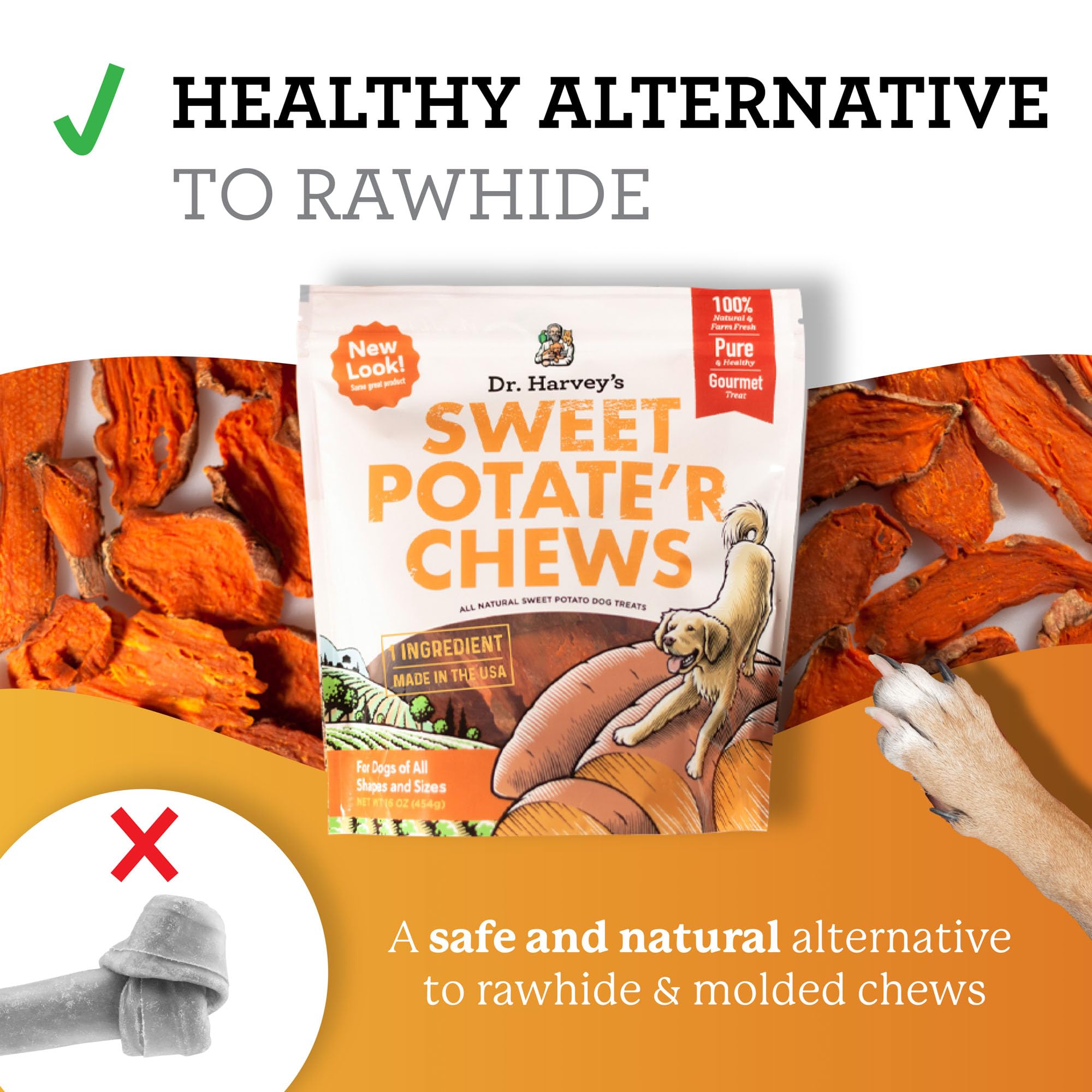 Dr. Harvey's Sweet Potato Chews for Dogs, Dog Treats for Small, Medium, Large Dogs, Natural Dog Snacks for Training, Healthy Teeth, Preventing Bad Breath, and Aggressive Chewers, USA Grown (1 Pound)