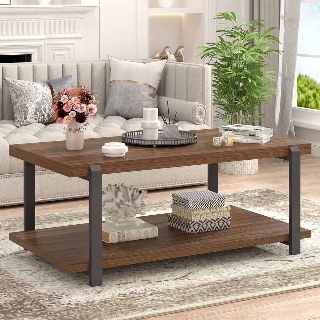 FOLUBAN Black Coffee Table, Modern Rustic Wood Center Table with Storage for Living Room, Industrial Rectangle 2 Tier Cocktail Tea Table, Black Oak