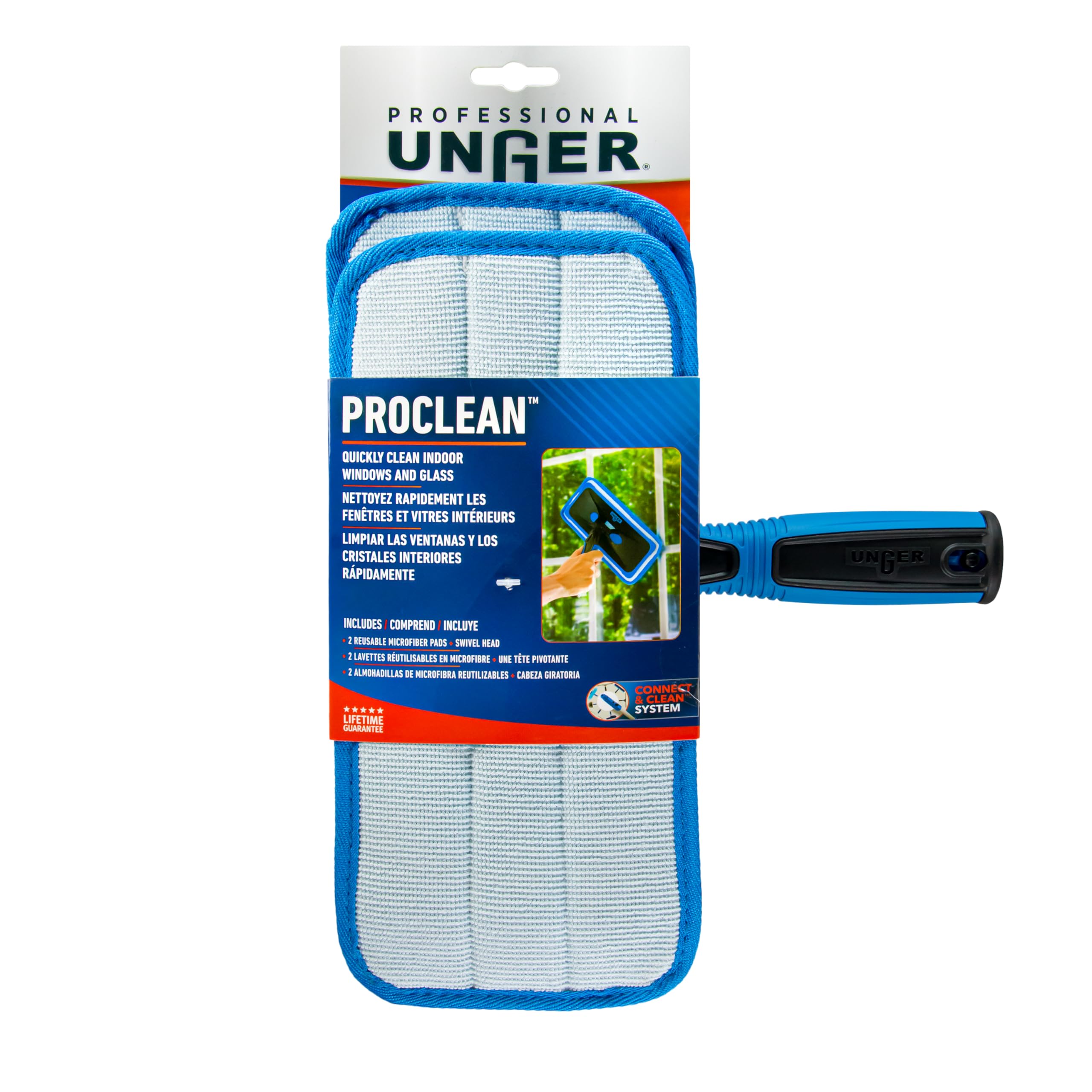 Unger Professional Indoor Window Cleaning Kit with 2' Pole — Swivel Head Pad Washer for Glass, Mirrors & Flat Surfaces, Streak-Free Results, 2 Reusable Microfiber Pads, Wet or Dry Use