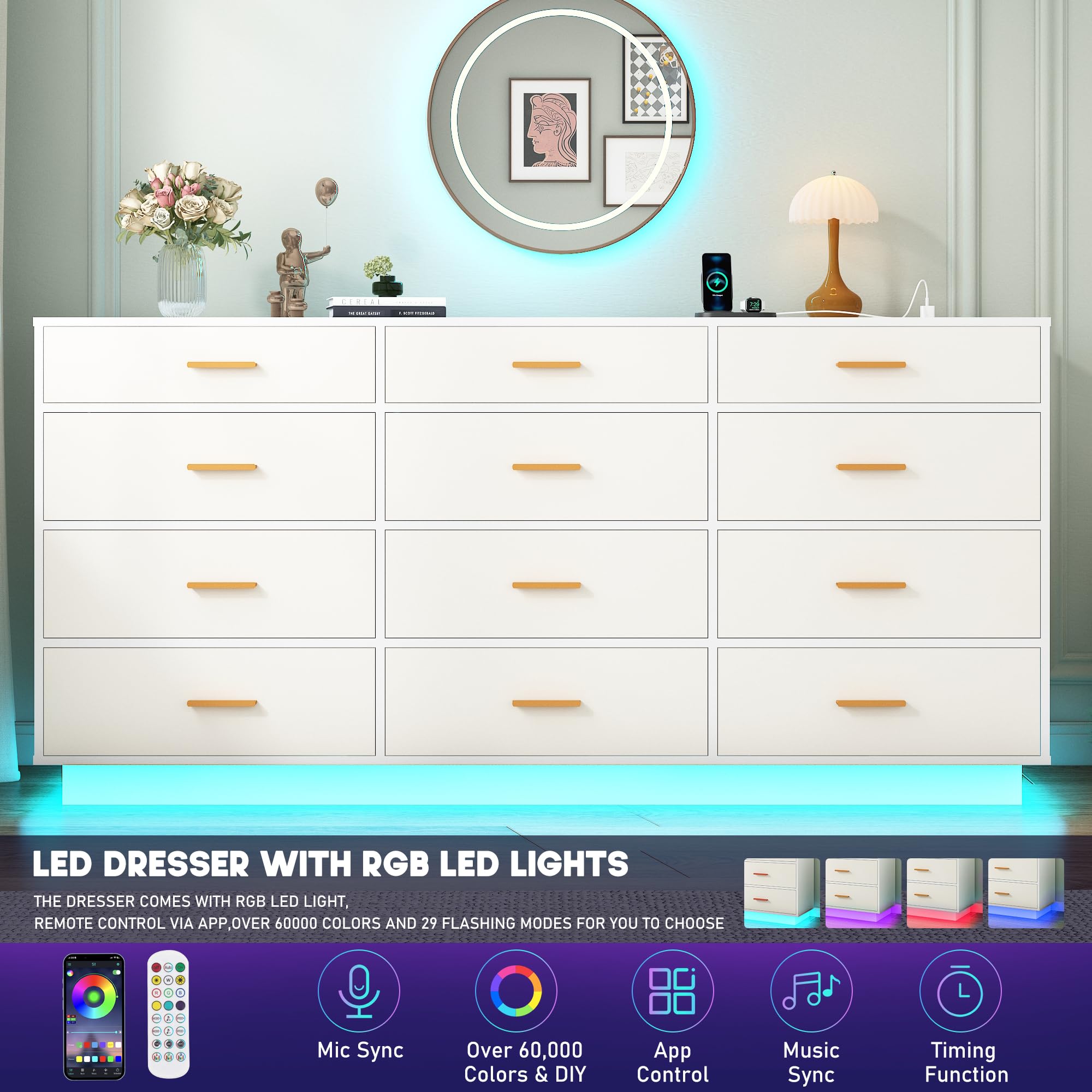 chartustriable Black 12 Drawers Dresser w/Power Outlet,60000-Colors Lights for Kids Bedroom,Modern 63In Long Dresser for Closet,Wooden Tall Dressers w/Large Storage for Entryway,Hallway