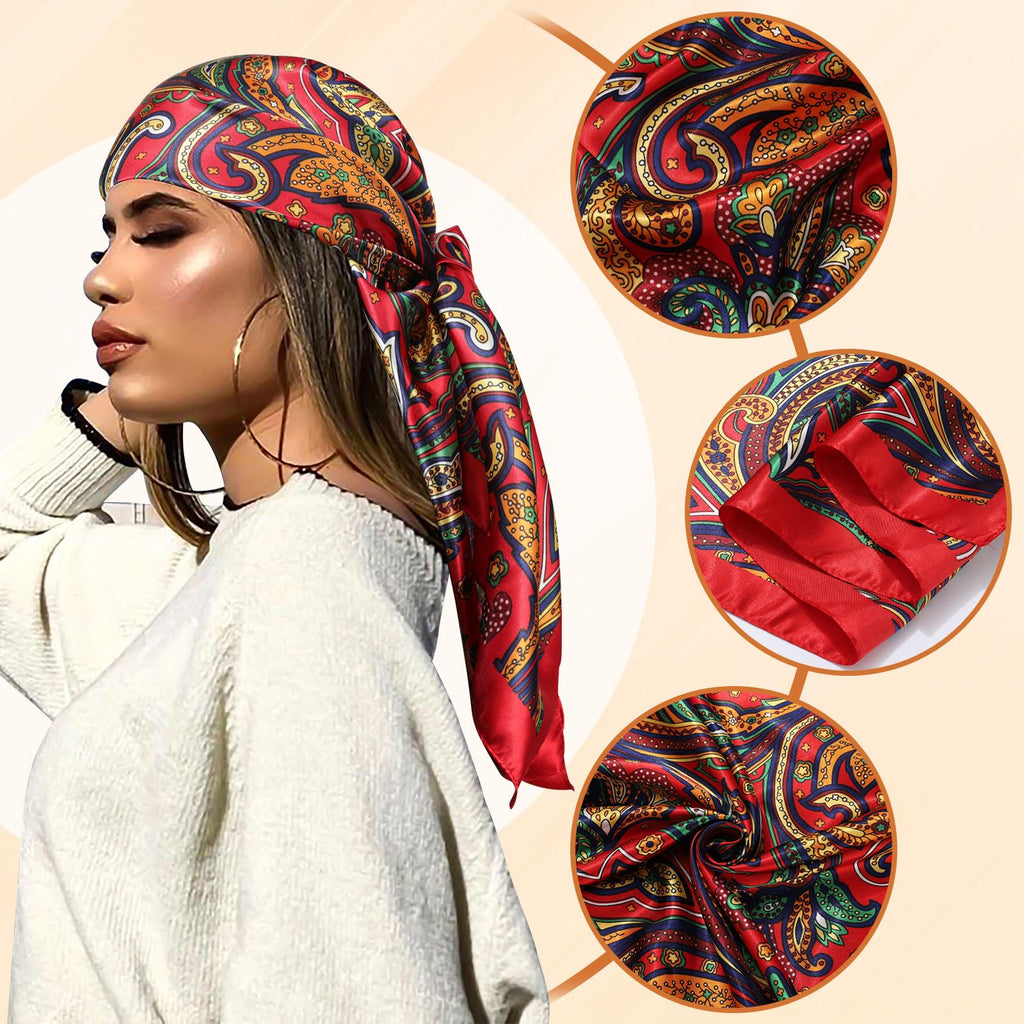 AWAYTR 35” Large Satin Square Head Scarf - 2Pcs Silk Like Floral Head Scarves Square Satin Hair Scarf Bandanas for Women