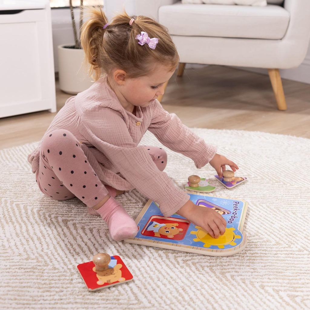 Melissa & Doug® Ms. Rachel™ Wooden Peek-a-Boo Jumbo Peg Puzzle, 4-Piece with Mirror, Toddler Toys for Boys and Girls Ages 1+ Years