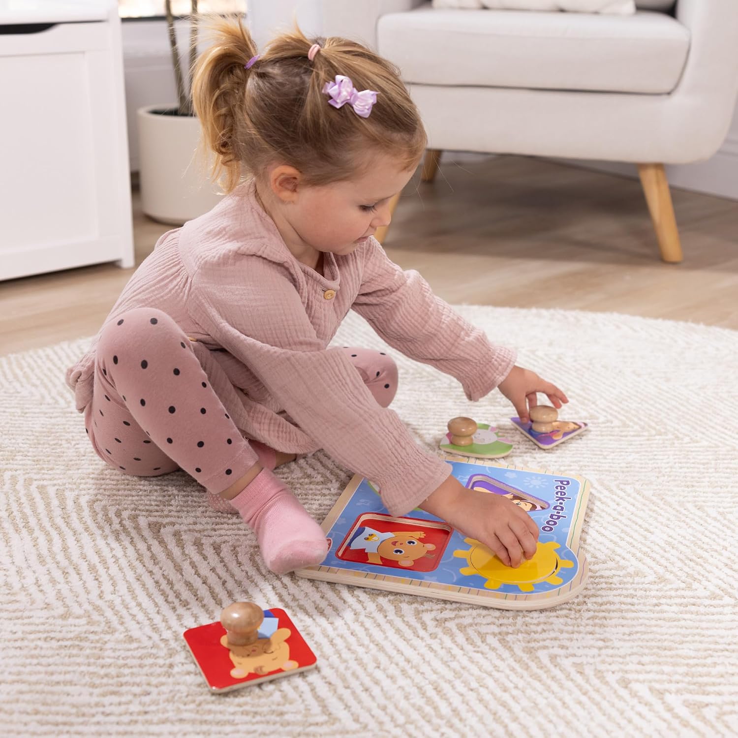 Melissa & Doug® Ms. Rachel™ Wooden Peek-a-Boo Jumbo Peg Puzzle, 4-Piece with Mirror, Toddler Toys for Boys and Girls Ages 1+ Years