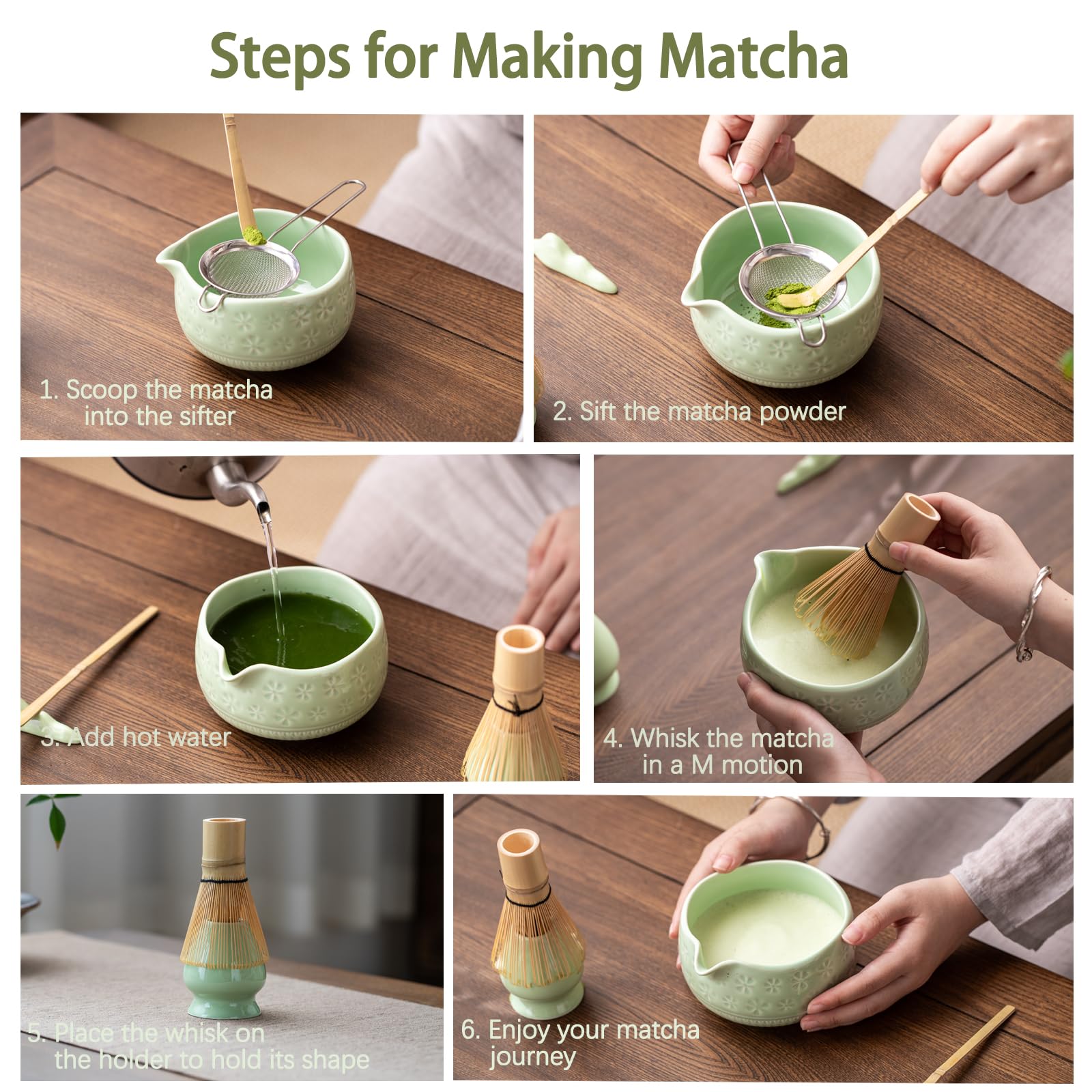 Buucup Matcha Whisk Set, Ceramic Matcha Kit Includes Matcha Bowl, Matcha Whisk and Holder, Bamboo Scoop, Scoop Rest, Sifter and Tea Towel - 7 Pcs Matcha Kit for Matcha Lovers (Blue)