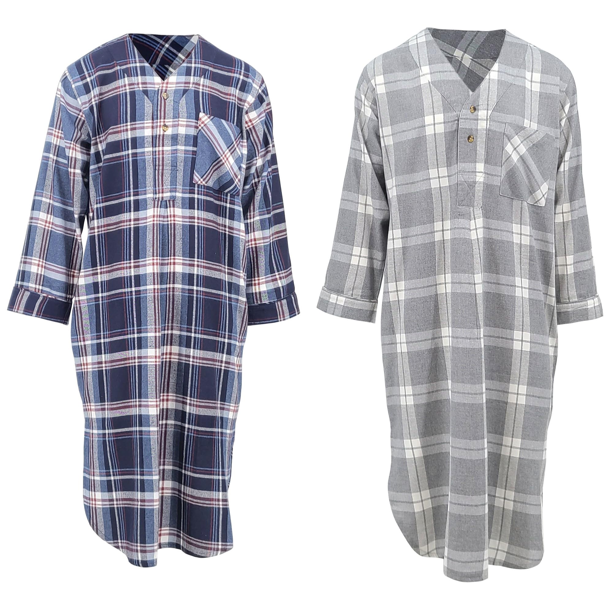 Andrew Scott Men's 2 Pack Lightweight Cotton Flannel Sleep Shirt, Long Henley Nightshirt Pajamas