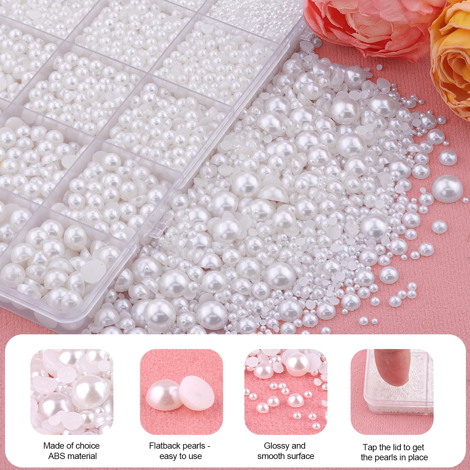 BELLEBOOST 5600pcs ABS Round Flat Back Beige Pearls Kit with Pickup Tools for Nail Art, Face, Body Decorations